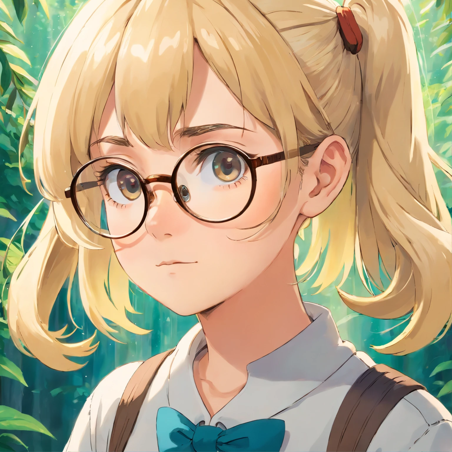 Blonde girl wearing glasses, pigtails haircut