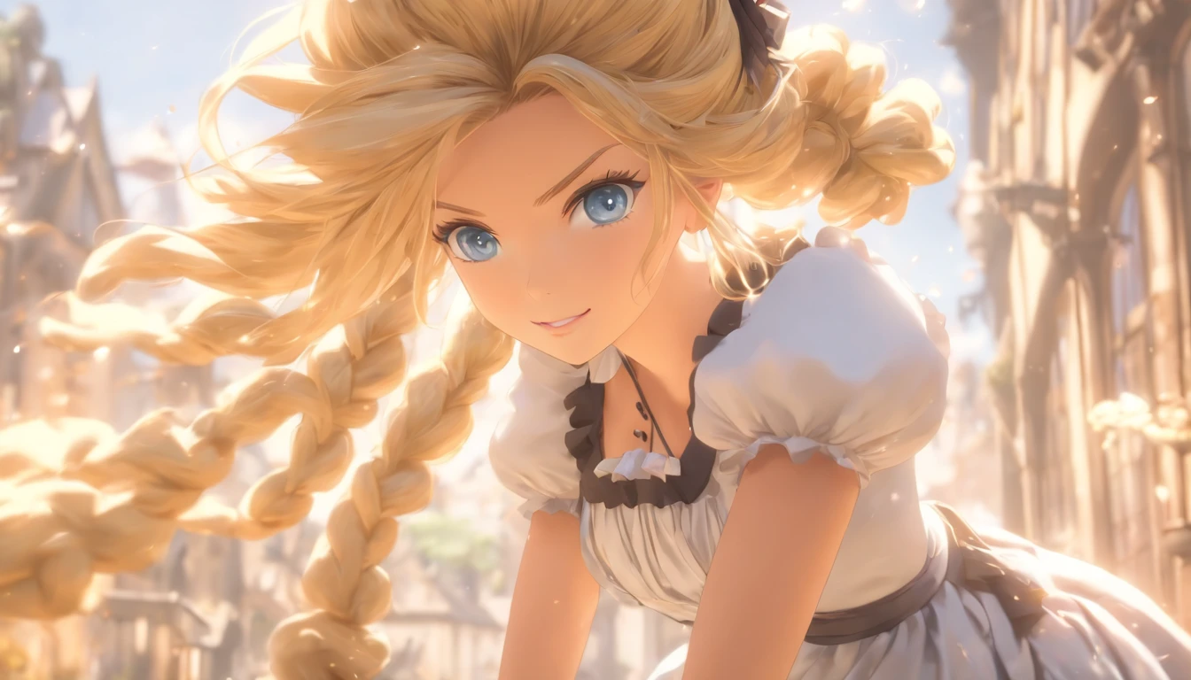 ((masterpiece)), ((best quality)), ((highres)), ((detailed background)), ((extremely detailed CG unity 8k wallpaper)), solo, shiona, blonde hair, long hair, blue eyes, hair tuft, cowboy shot, outdoors, ((maid outfit))