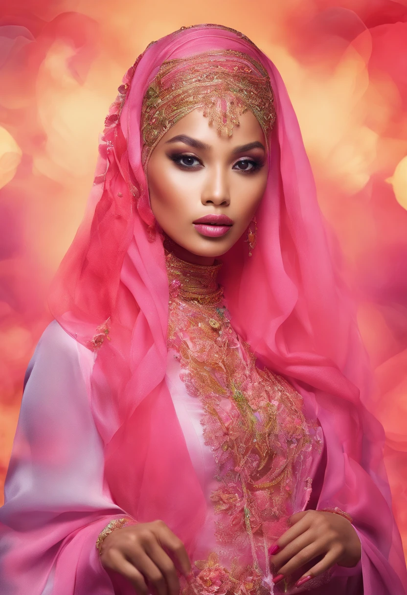 Design a striking advertisement where a Malay girl in hijab confidently showcases a vibrant range of lipsticks, each shade symbolizing a different facet of her personality and style, empowering viewers to embrace self-expression through makeup