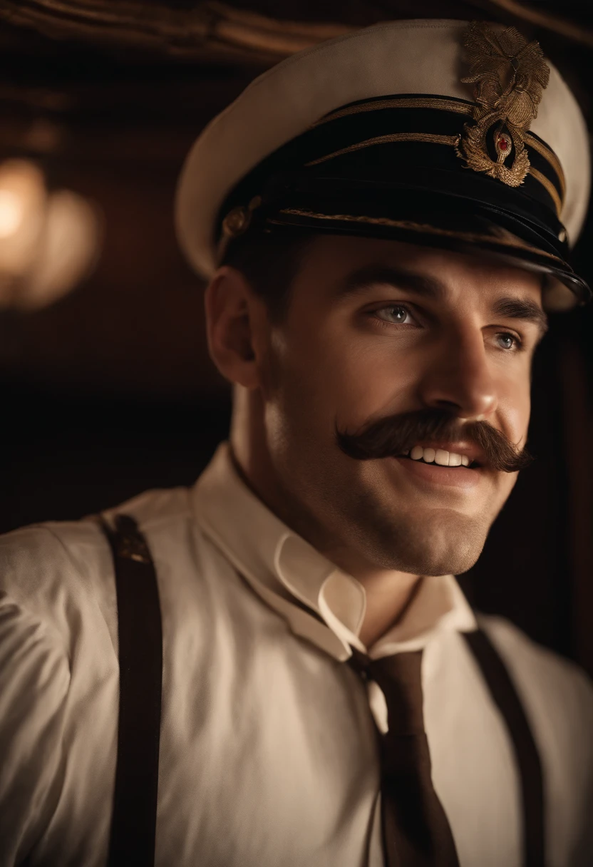 22 years old steamship captain, cap, no beard, yelling, shouting, ship from 1910s, wearing white, brown hair, cinematic lighting, UHD, masterpiece, textured skin, super detail, anatomically correct