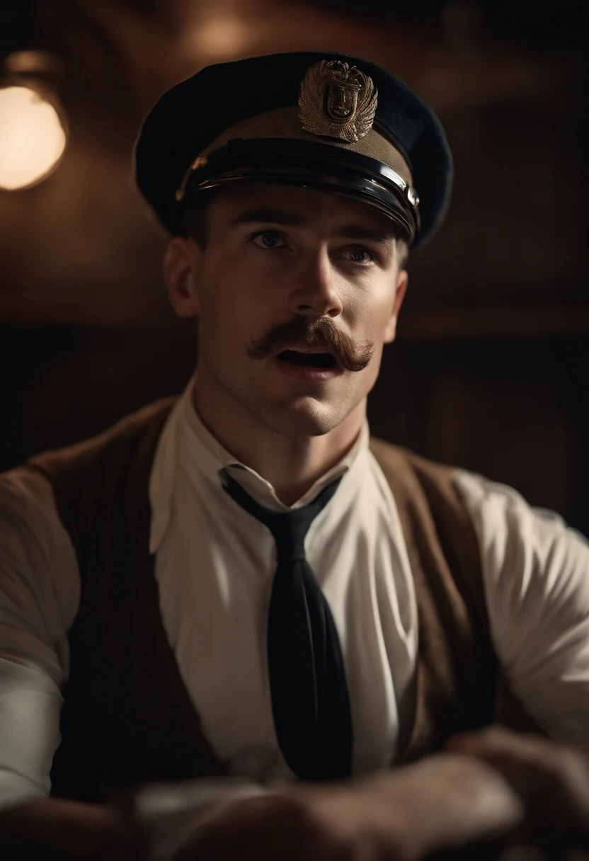 22 years old steamship captain, cap, no beard, yelling, shouting, ship from 1910s, wearing white, brown hair, cinematic lighting, UHD, masterpiece, textured skin, super detail, anatomically correct