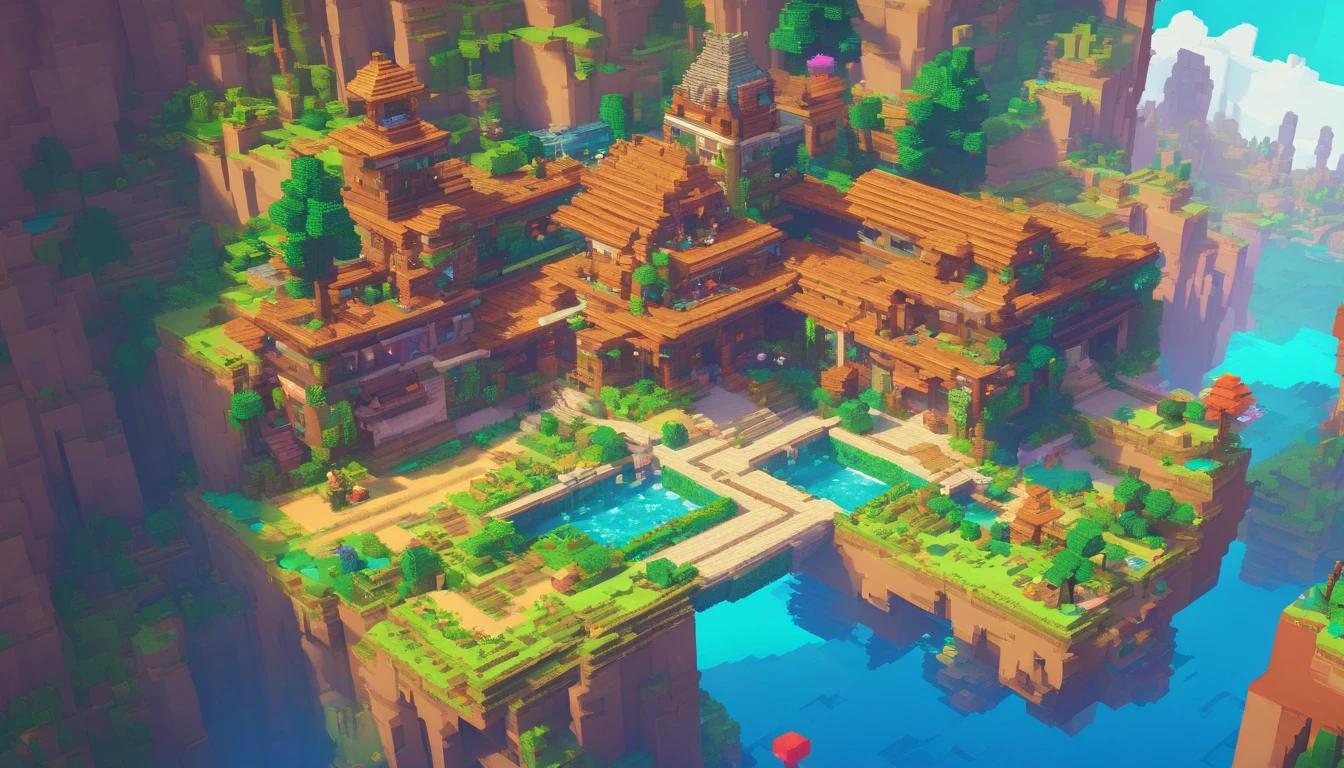 opulent, 3D, game art, dream magical, style of Makoto Shinkai, Beautiful biomes, cozily, Perfectcomposition, Minecraft style, colorful, Nice looking building, Wallpaper quality, design sense, aesthetics, Cartoon feel, Minecraft art style, 8K, Fairy tale feeling, wonderful, amazing scene
