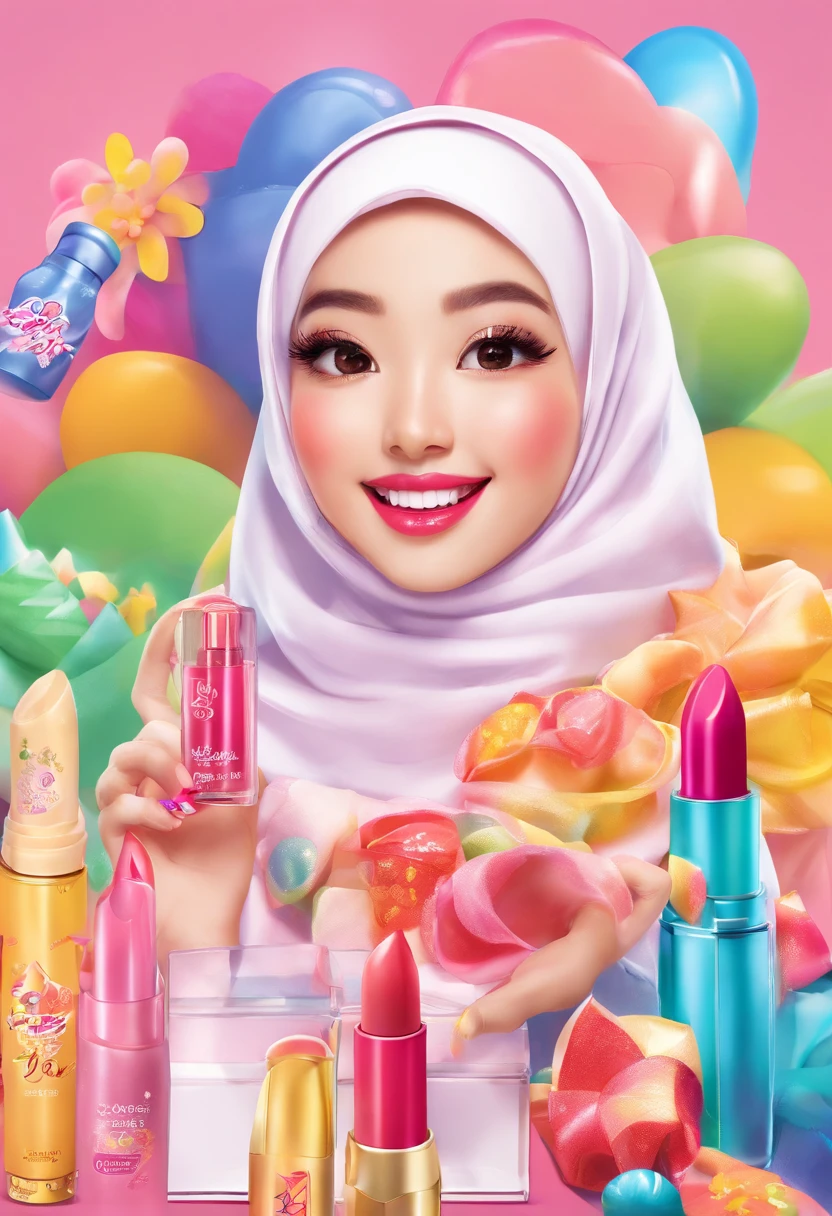 Design a striking advertisement where a Malay girl in hijab confidently showcases a vibrant range of lipsticks, each shade symbolizing a different facet of her personality and style, empowering viewers to embrace self-expression through makeup