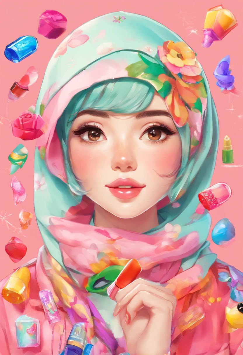 Design a striking advertisement where a Malay girl in hijab confidently showcases a vibrant range of lipsticks, each shade symbolizing a different facet of her personality and style, empowering viewers to embrace self-expression through makeup