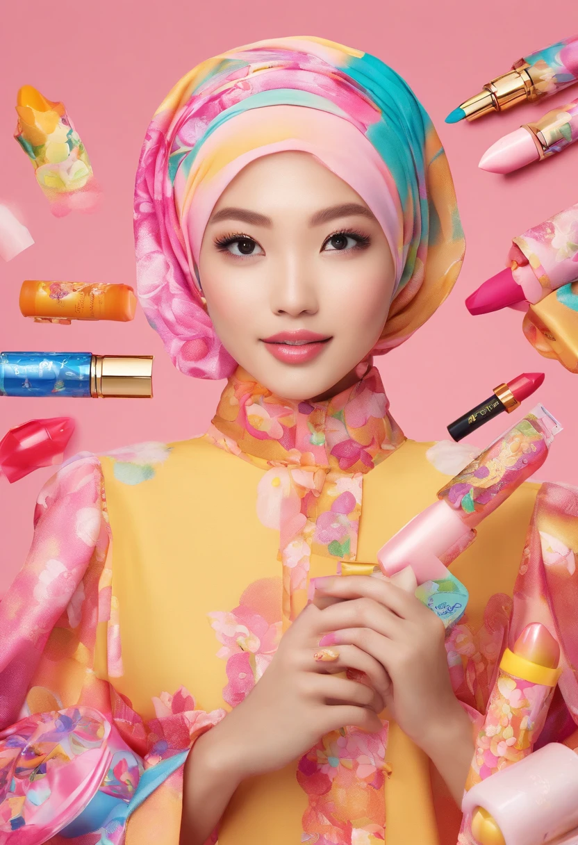 Design a striking advertisement where a Malay girl in hijab confidently showcases a vibrant range of lipsticks, each shade symbolizing a different facet of her personality and style, empowering viewers to embrace self-expression through makeup