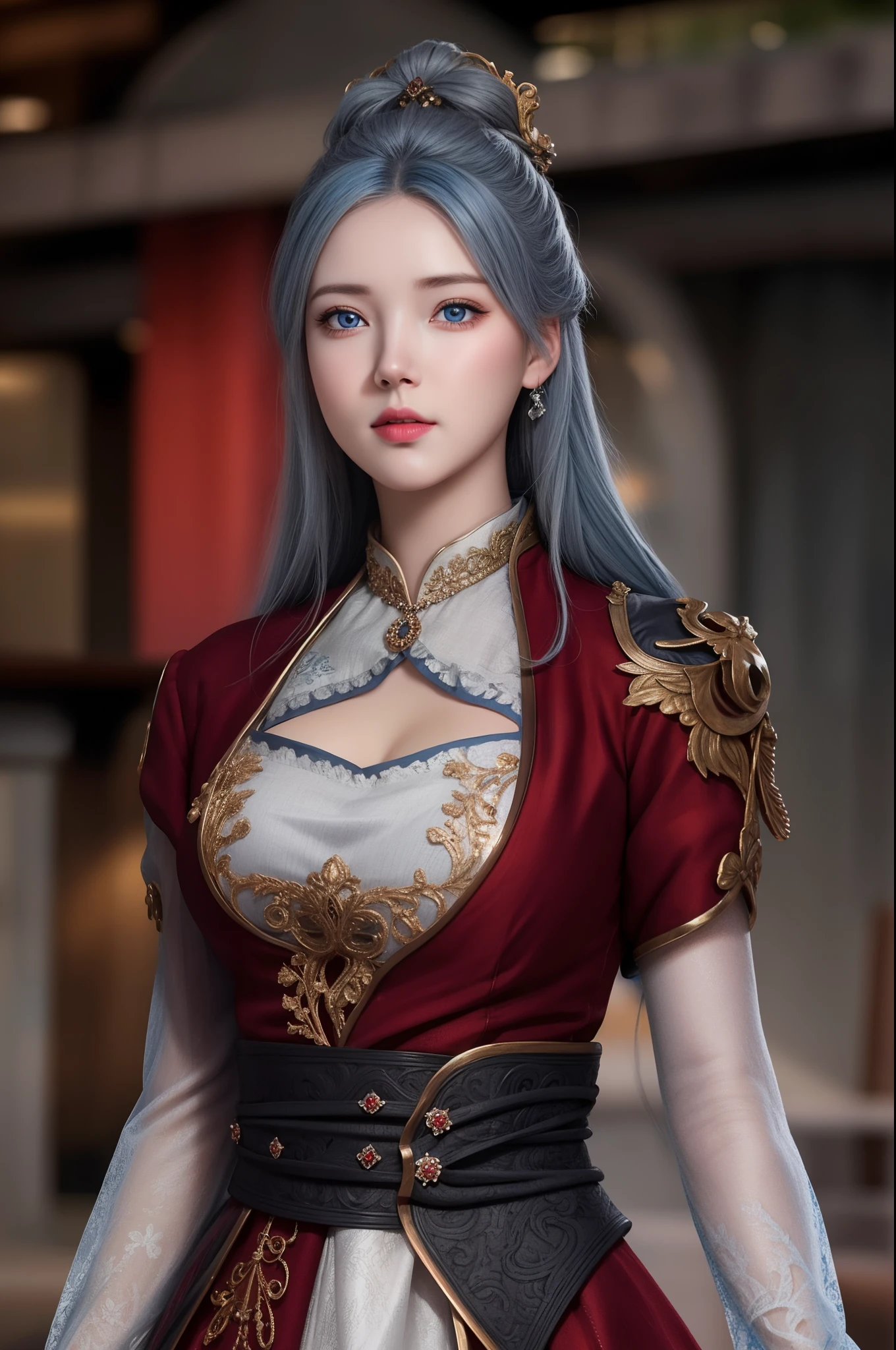 (hyperrealistic), (illustration), (high resolution), (8K), (extremely detailed), (best illustration), (beautiful detailed eyes), (best quality), (ultra-detailed), (masterpiece), (wallpaper), (photorealistic), (natural light), (rim lighting), (detailed face), (high detailed realistic skin texture), (anatomically correct), (solo), (1 girl), (high detailed realistic hair), (grey blue hair:1.3), (heterochromic eyes), (detailed eyes), (red bright eyes:1.2), (sparkling eyes), (realistic big breasts:1.5), (exposed breasts:1.35), (long legs), (slender abs), (dynamic pose), (closed tiny mouth:1.3), nsfw, concentrated expression.