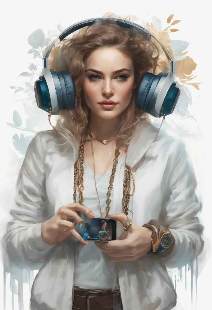 Perfect centering, mouse with money in one hand and in the other an iphone with chains , Wear a student team jacket, Wearing sunglasses, Wearing headphones, cheerfulness, Standing position, Abstract beauty, Centered, Looking at the camera, Facing the camera, nearing perfection, Dynamic, Highly detailed, smooth, Sharp focus, 8K, high definition resolution, illustration, Art by Carne Griffiths and Wadim Kashin, White background