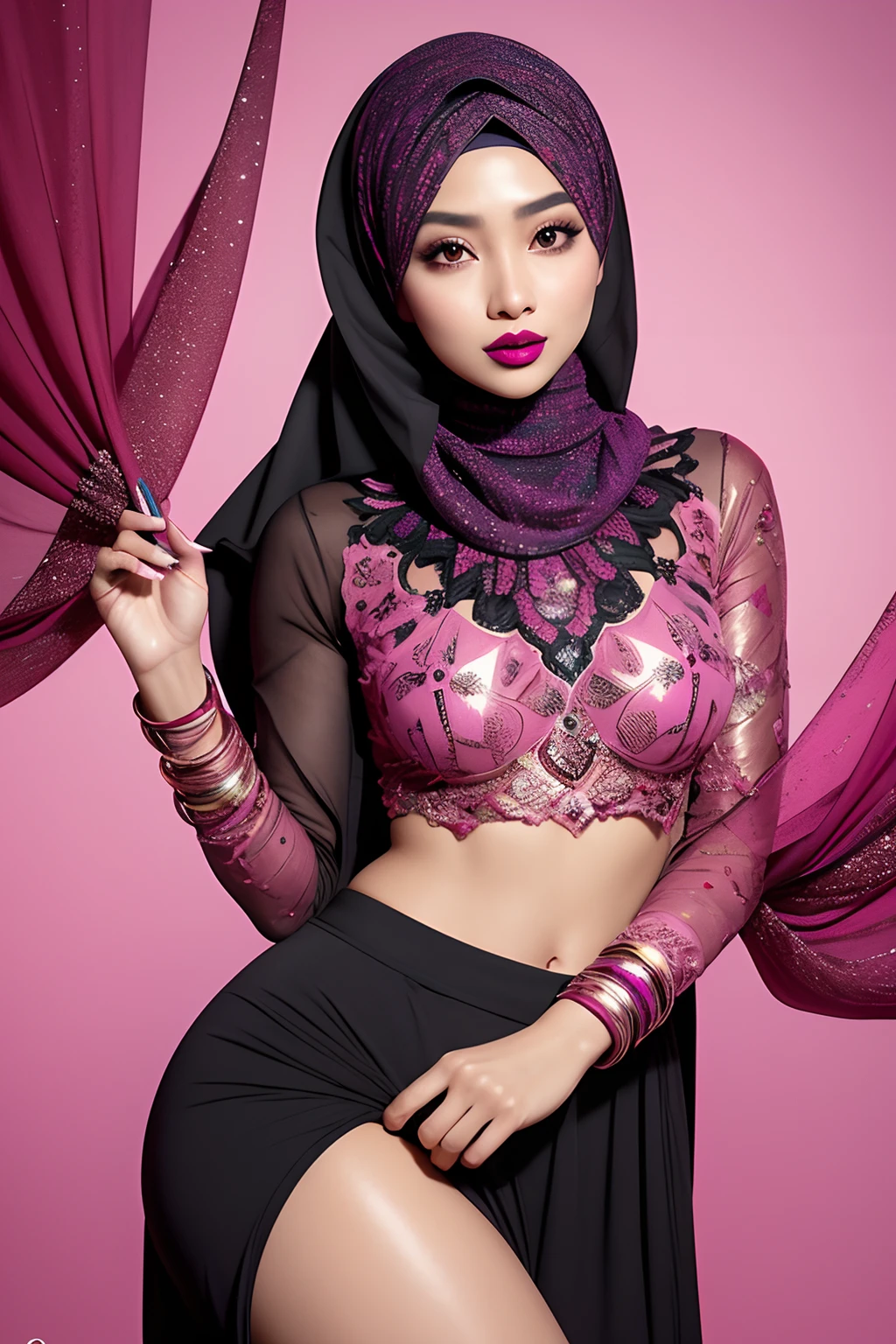 Design a striking advertisement where a Malay girl in hijab confidently showcases a vibrant range of lipsticks, each shade symbolizing a different facet of her personality and style, empowering viewers to embrace self-expression through makeup