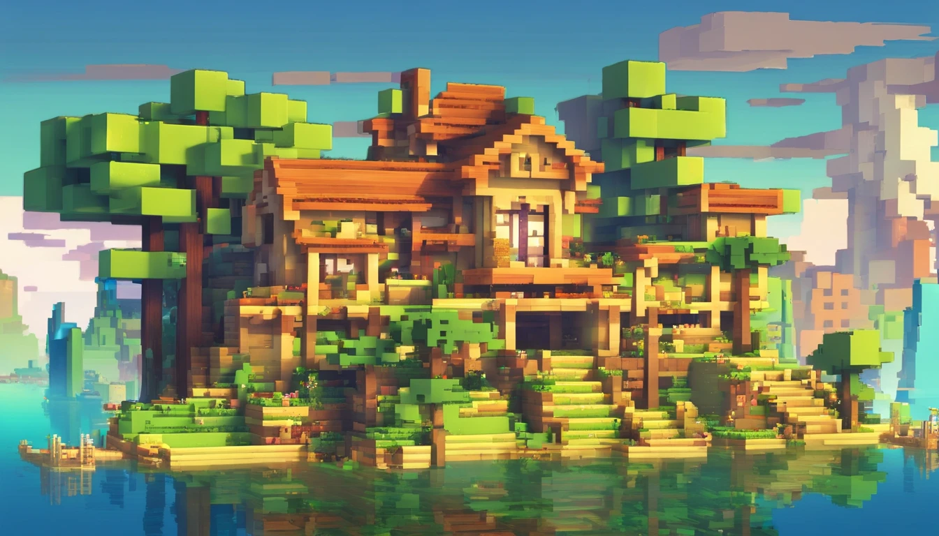 **opulent, 3d, game art, dream magical, style of Makoto Shinkai, Beautiful biomes, cozily, Perfectcomposition, Minecraft style, colorful, Nice looking building, Wallpaper quality, design sense, aesthetics, Cartoon feel