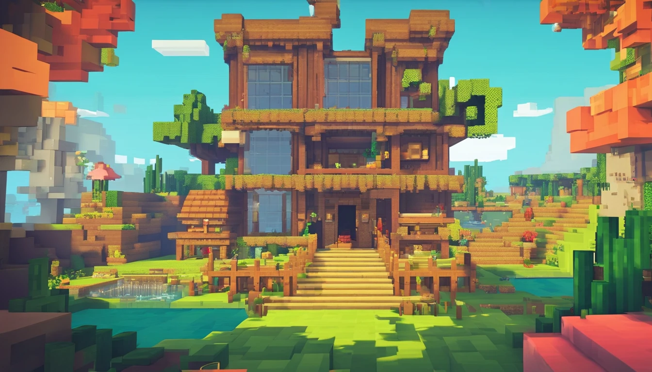 **opulent, 3d, game art, dream magical, style of Makoto Shinkai, Beautiful biomes, cozily, Perfectcomposition, Minecraft style, colorful, Nice looking building, Wallpaper quality, design sense, aesthetics, Cartoon feel