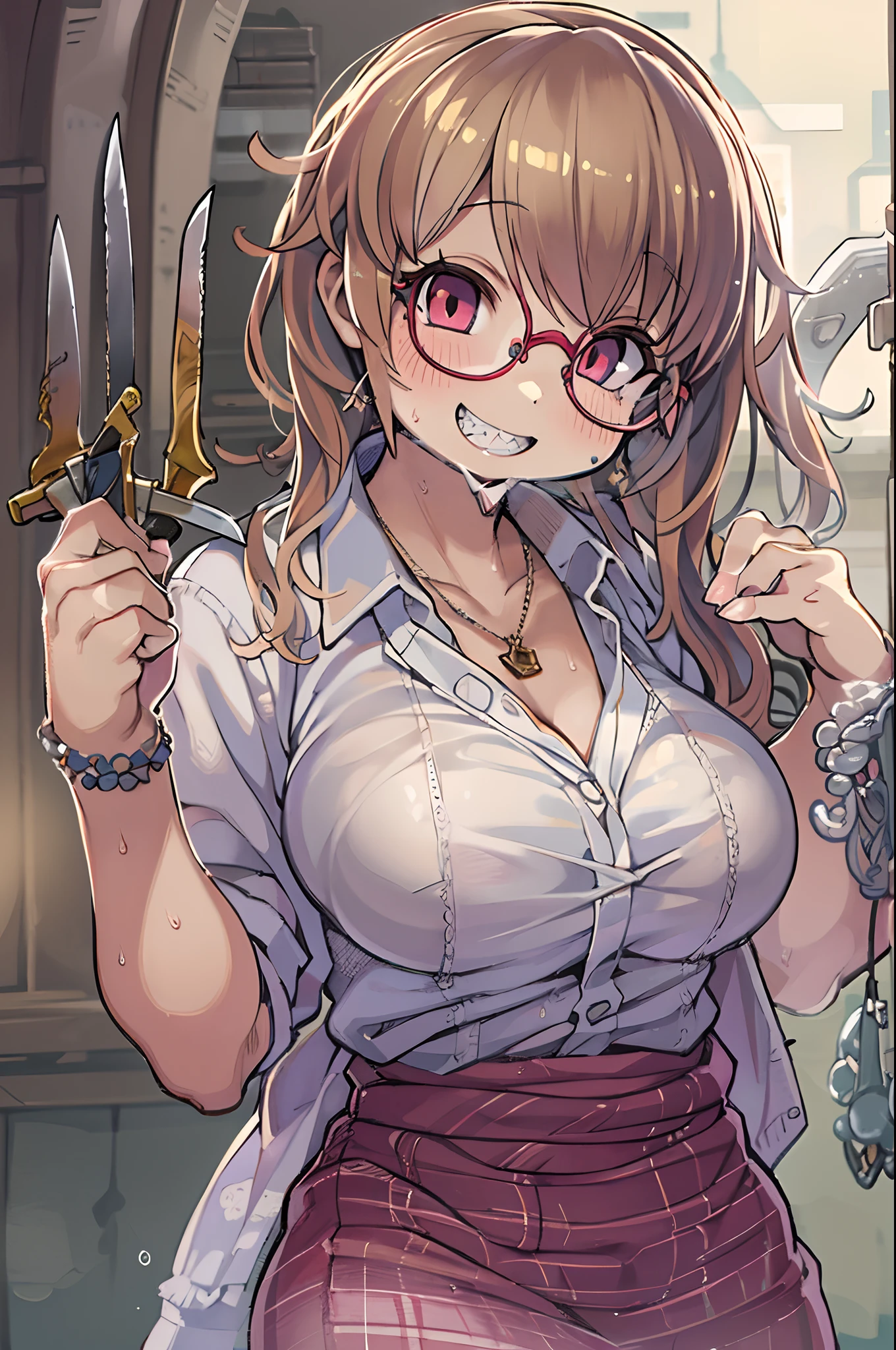 masutepiece, Best Quality, 1girl in, Sharp eyes, Smile,(((Knives in both hands)))、big round glasses,Camisole