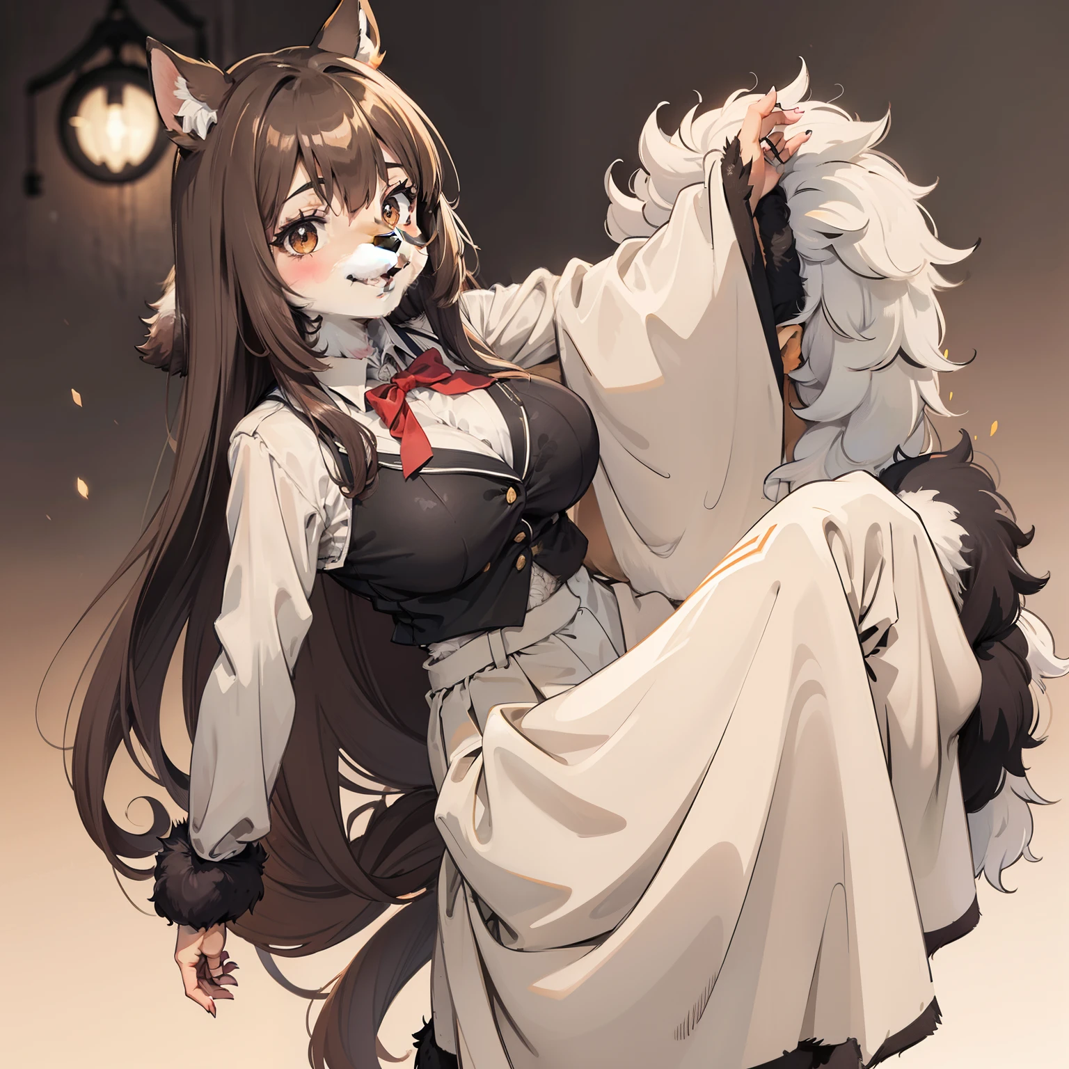 1girll, Brown fur,Centaur girl, Huge breasts, school uniform, Portrait, Simple background, (Furry:1.5)