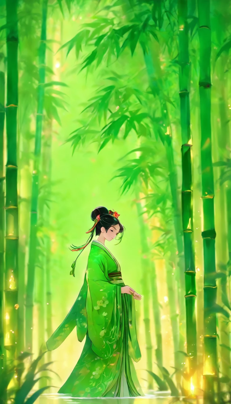 China-style,Chinese ink style,water ink,Smudge,bamboos,Hanfu beauty standing in the bamboo forest,中景 the scene is,Full body like,Green gradient, highly detailed surreal vfx,China ink painting,oc rendered, - AR 16:9 --q 2 --s 1000