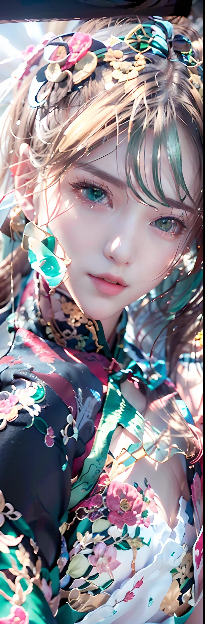 (Best quality,Ultra-detailed,Realistic:1.37),3D anime style green haired girl,Shiny hair,A girl with a delicate face and long eyelashes,Bright red eyes reflect light,Plump lips,Colored crystal pendant,Black cheongsam,white trim,Peony pattern clothing,Clear black border thigh stockings