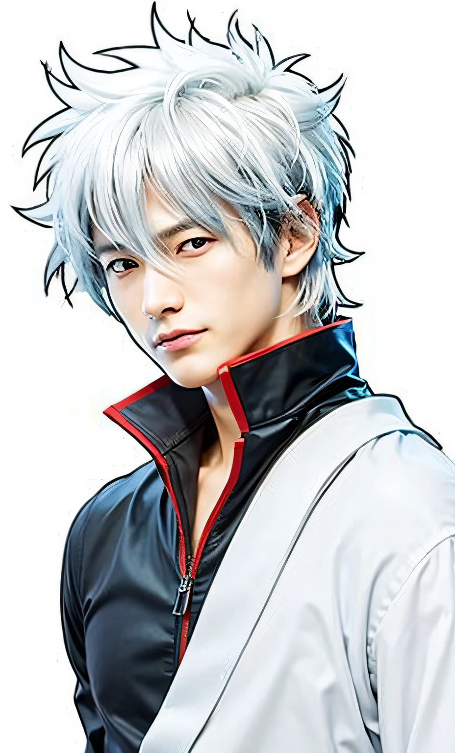 a close up of a Japanese man with a messy white hair and blue eyes, gintama, ultra realistic, high quality, detailed face