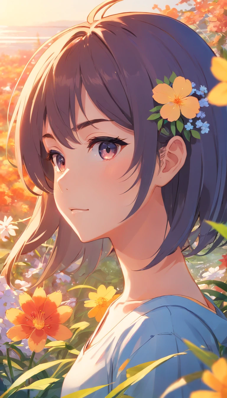 Menina anime com cabelo longo e flor em seu cabelo, bela arte de anime, estilo de anime4 K, Anime Art Wallpaper 4K,Dias chuvosos，janelas，A Mata，dia de sol