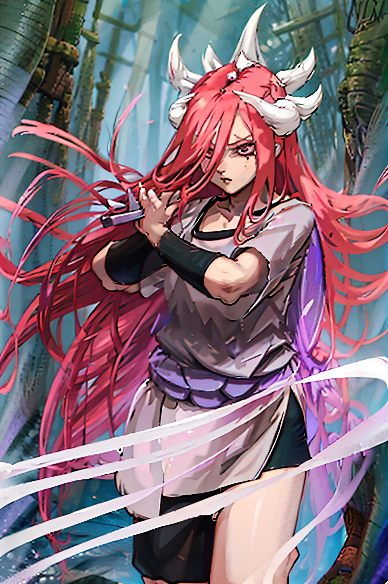 Tayuya has long, crimson hair tied in a ponytail and pale skin. She wears a purple, sleeveless kimono-like dress with fishnet stockings and black shorts. She also sports a pair of red, fingerless gloves.