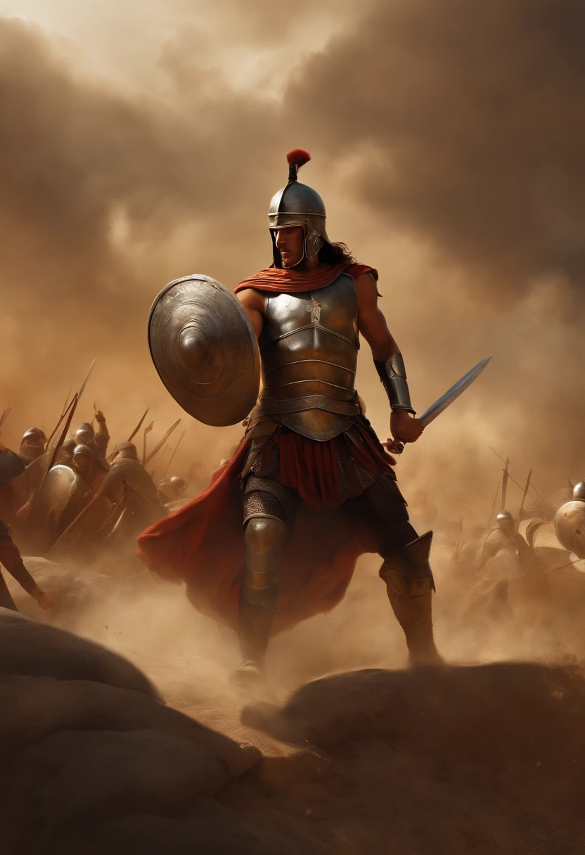 (best quality,ultra-detailed),(realistic,photorealistic:1.37),ancient Greek warriors,armor,prideful and determined expressions,bronze shields,sharp spears,helmet crests,sun-drenched battlefield,marble column ruins,twisted olive trees,rippling muscles,battle cries and clashing weapons,heroic poses,reflected sunlight on armor,cast shadows,war-ravaged landscape,dusty battlefield,fierce and intense battle,historical illustration,traditional Greek warfare technique,gritty textures,vivid colors,heroic feats,classic Greek art style,authentic depictions,captivating storytelling,grandeur and majesty,classic sculptures,powerful gestures,renaissance-style lighting,dynamic composition,heroic victory,intricate details,perfection of human form