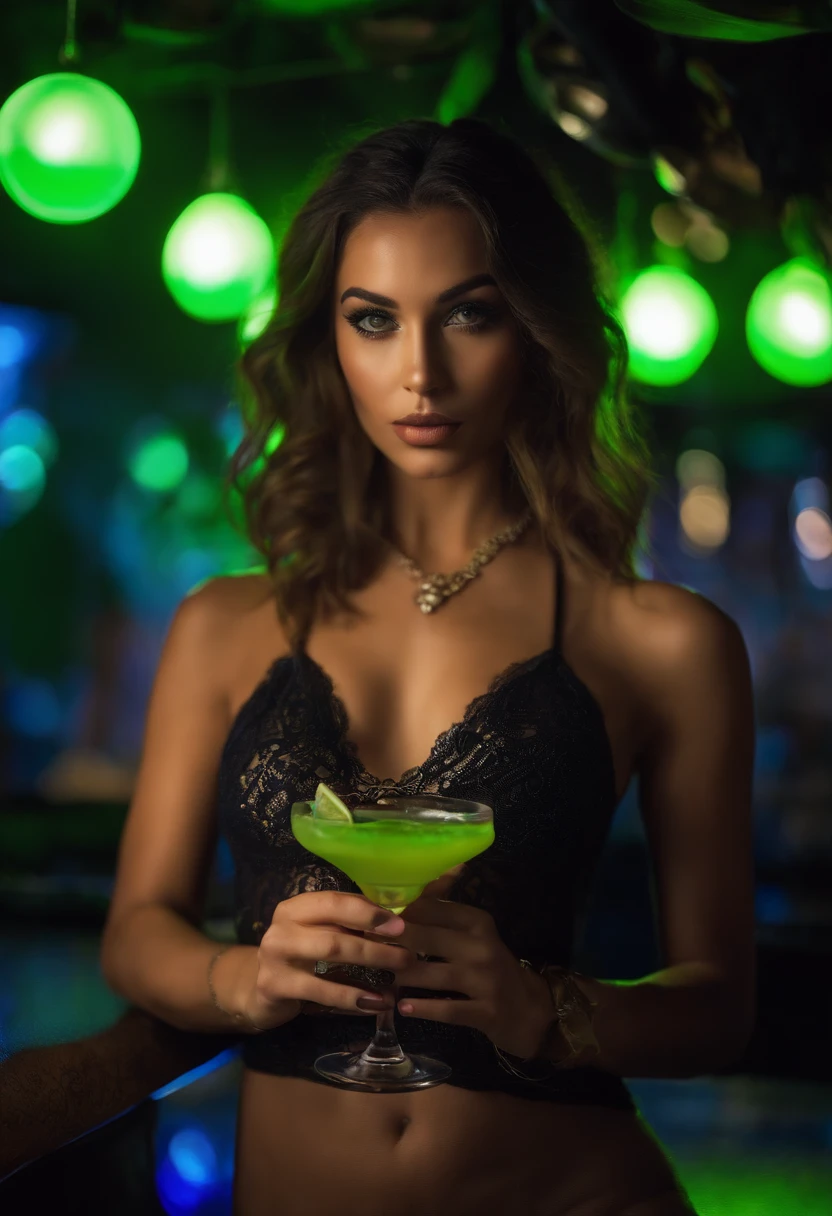 Arafed kinky woman in a bikini and with a necklace, sitting down in a night club, drinking a cocktail, fille sexy aux yeux verts, Portrait Sophie Mudd, cheveux bruns et grands yeux, Yeux de chambre, Violet Myers, sans maquillage, maquillage naturel, looking straight at camera, Visage avec Artgram, Maquillage subtil, stunning full body, piercing green eyes