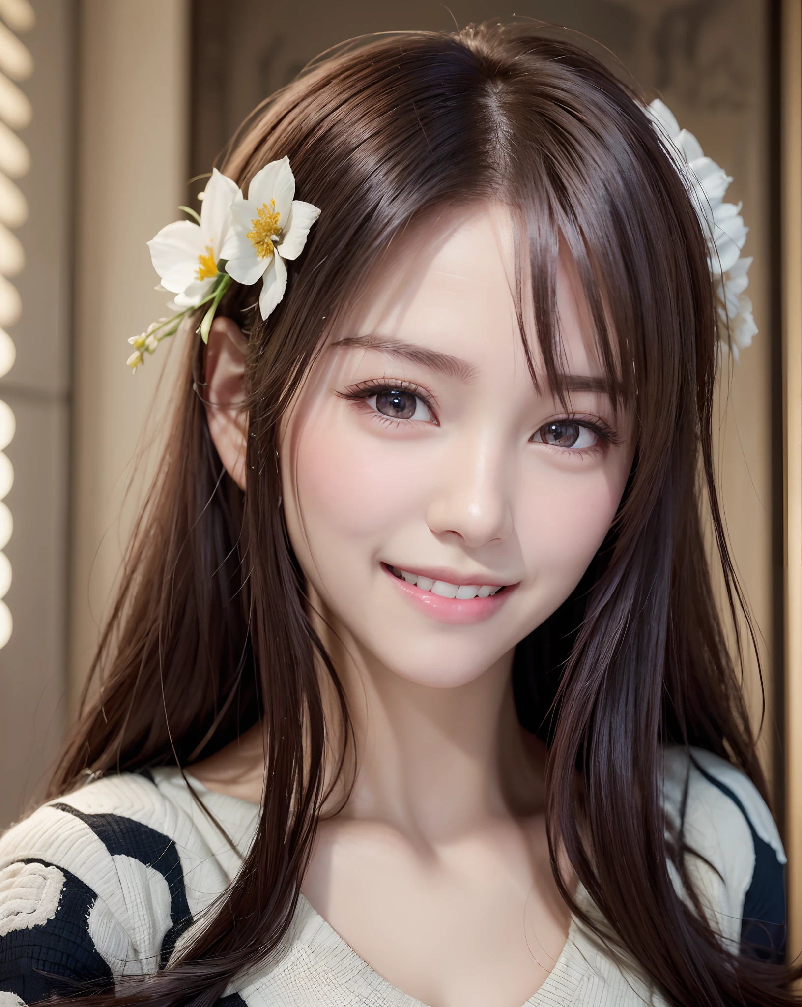 (masutepiece:1.3), hight resolution, ultra-detailliert,8k wallpaper, Realistic, Photorealsitic,Realistic Beauties,detailed hairs, Beautiful face, high detailed skin texture,Cute smile