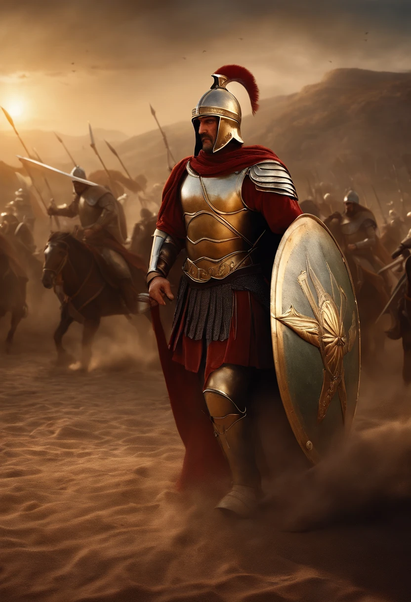 (best quality,ultra-detailed),(realistic,photorealistic:1.37), 300 ancient Greek warriors,armor,prideful and determined expressions,bronze shields,sharp spears,helmet crests,sun-drenched battlefield,marble column ruins,twisted olive trees,rippling muscles,battle cries and clashing weapons,heroic poses,reflected sunlight on armor,cast shadows,war-ravaged landscape,dusty battlefield,fierce and intense battle,historical illustration,traditional Greek warfare technique,gritty textures,vivid colors,heroic feats,classic Greek art style,authentic depictions,captivating storytelling,grandeur and majesty,classic sculptures,powerful gestures,renaissance-style lighting,dynamic composition,heroic victory,intricate details,perfection of human form