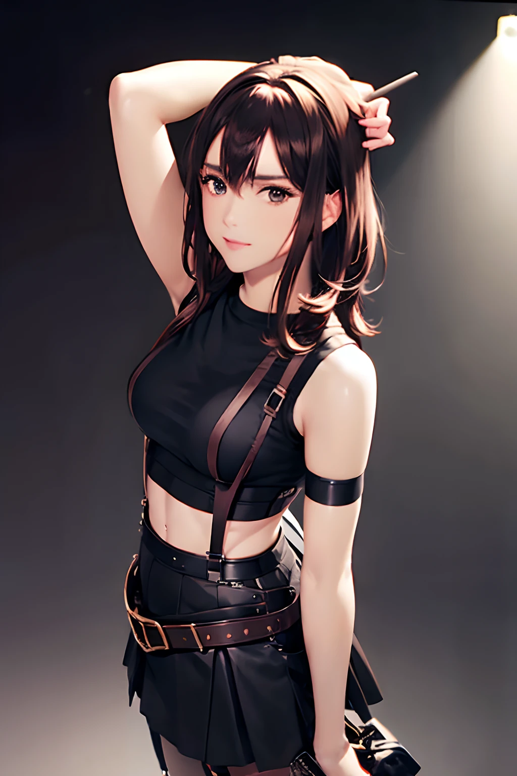 Black skirt, suspenders, Brown hair Gray eyes, Garter belt on the legs, Tight black clothes, a belt Armpit sweat Dark look Moderately breasts holster Forehead Center