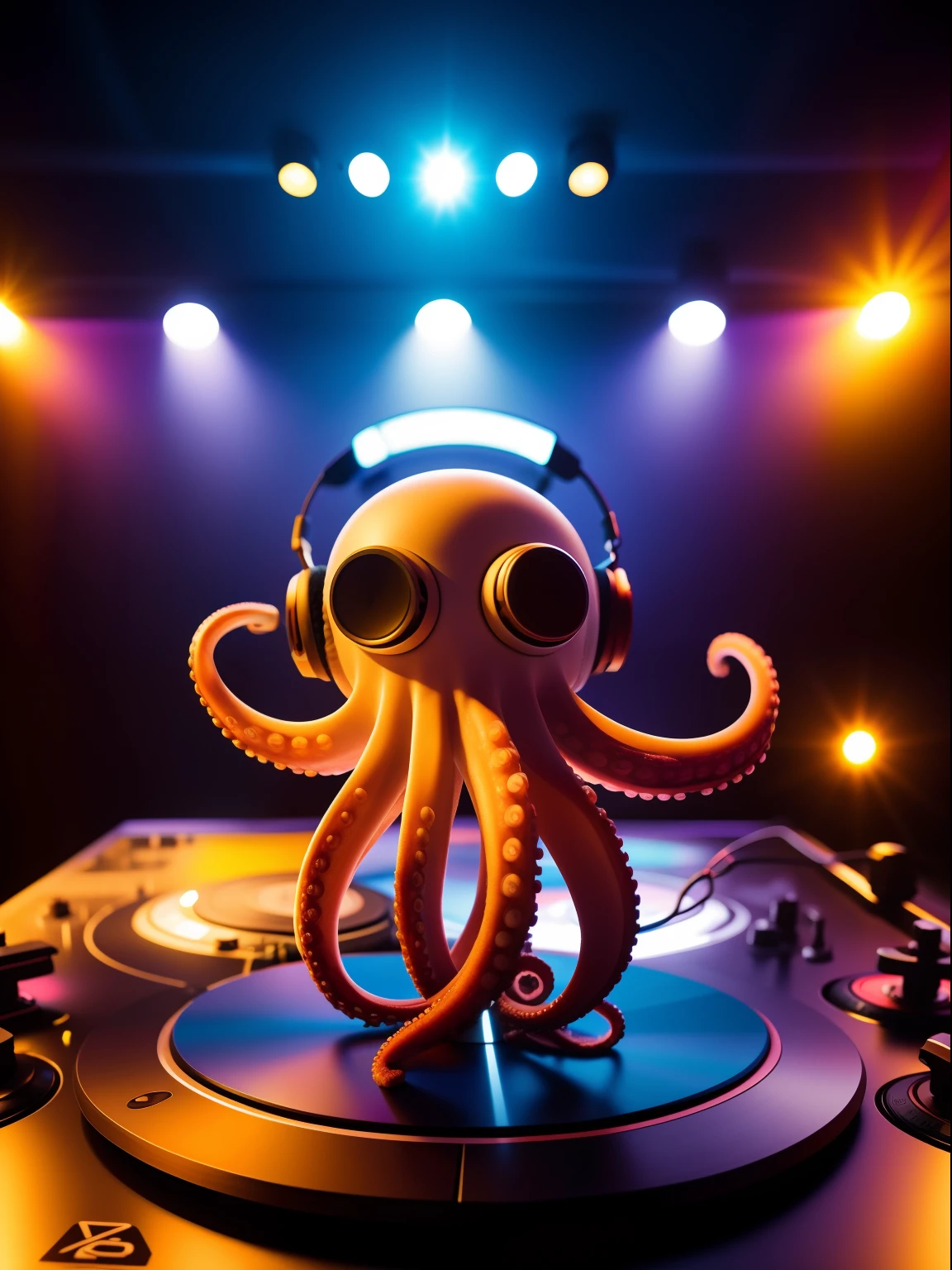 Octopus as Disk jockey, wearing headphone, wearing t-shirt, front view, first-person view, wide shot, wide-angle, masterpiece, high details, best quality, HD, realism, Nikon, standing at the turntable.