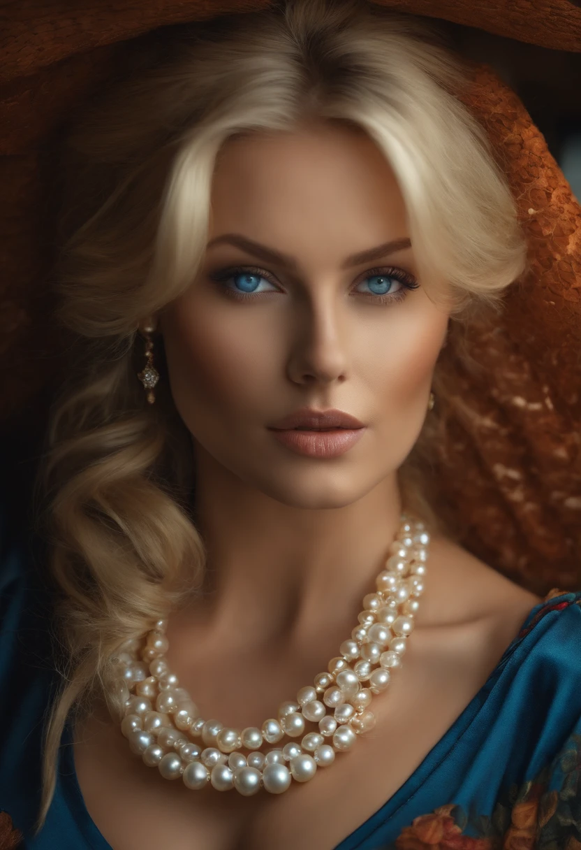Very beautiful blonde woman with blue eyes, who wears several large pearl necklaces and has very large breasts, t-shirt with large neckline, bare shoulders