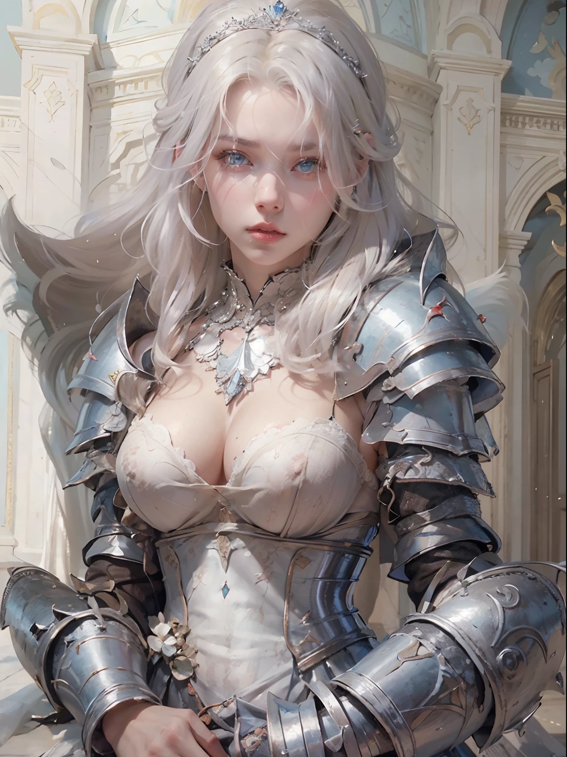 nsfw, 1girl, nude, (masterpiece: 1.4), (8K, realistic, raw photo, best quality: 1.4), skirtlift, strip naked, female knight, knight armor, nipple areola shape clear, beautiful breasts, Scandinavian girl, beautiful cute face, (real face: 1.4), perfect pussy, beautiful hairstyle, realistic blue eyes, beautiful detail eyes, (real skin: 1.3), angry face, beautiful skin, attractive, ultra high resolution, ultra realistic, cinematic lighting, white colored hair, long hair with tiara, king's palace