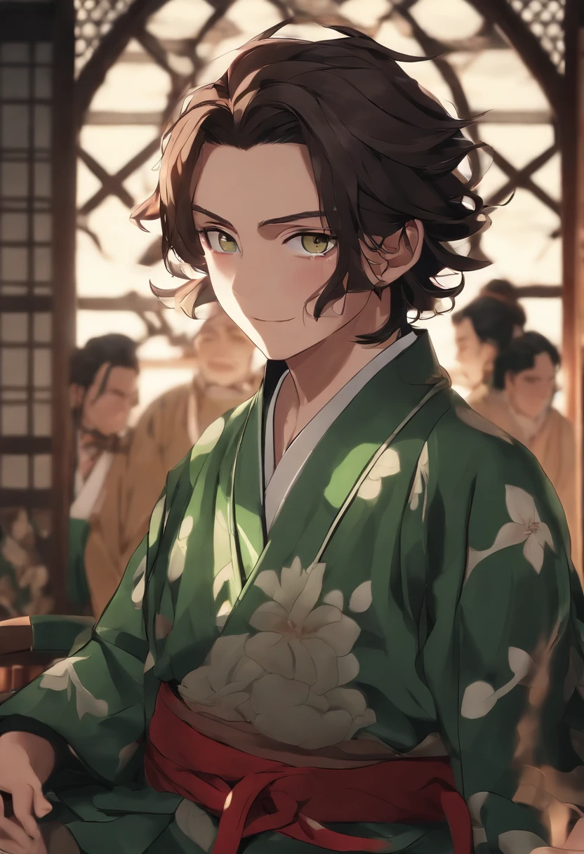 ((ACTION)) ((BEST CINEMATIC ILLUMINATION)) ((WALLPAPER)) ((4K)) ((MASTERPIECE)) kimetsu no yaiba style, kamado tanjiro, demon slayer uniform, 1boy, male focus, scar on face, weapon, scar, earrings, teeth, jewelry, pants, scar on forehead, brown hair, belt, black pants, japanese clothes, haori, green haori, solo, red eyes, long sleeves, anime coloring, ((masterpiece)), smiling face, sit down, kamado tanjiro cloth, tanjiro green kimono,