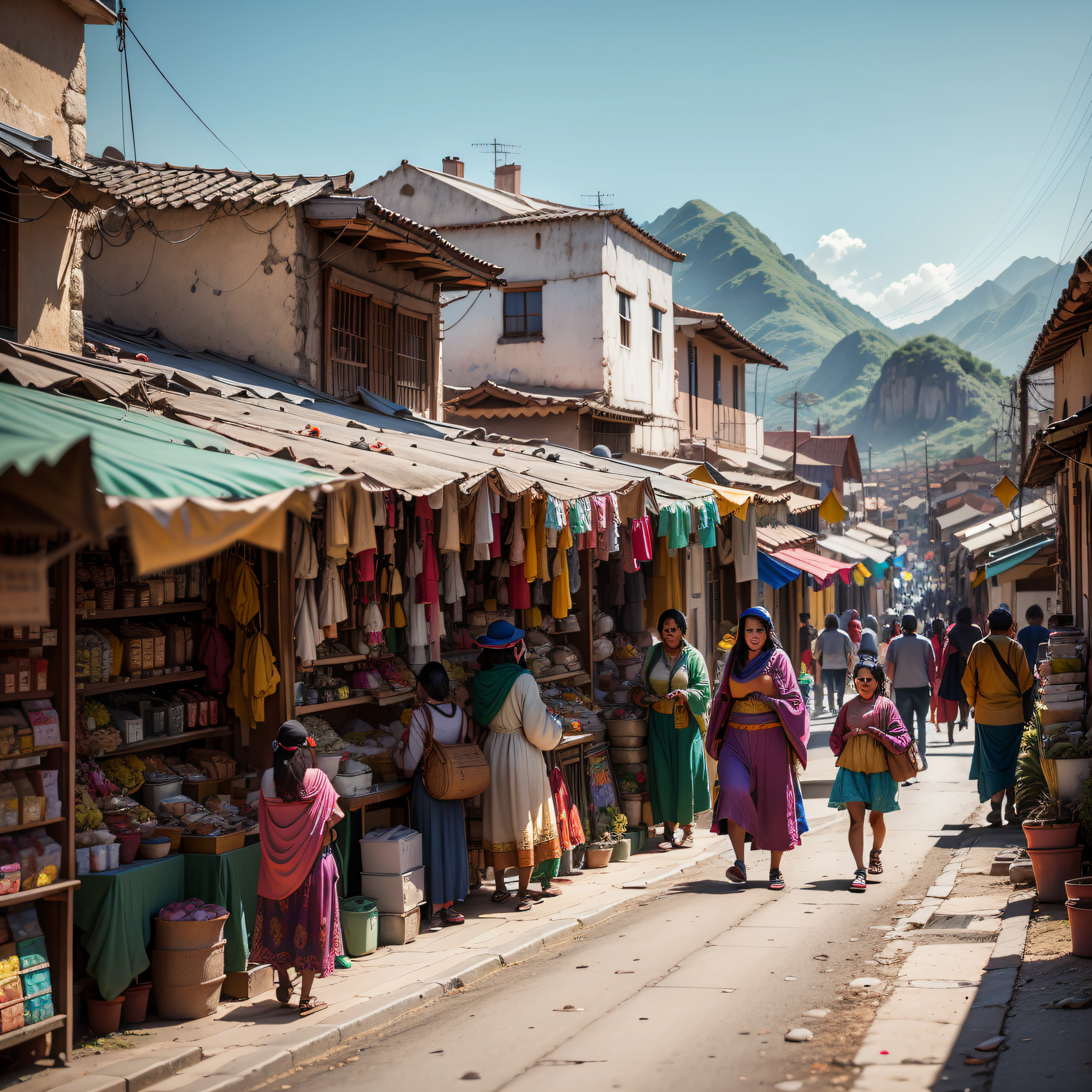 Bolivian street life, beautiful Inca streets, people walking, shopping, trading, ((Best quality)), ((masterpiece)), (detailed: 1.4)