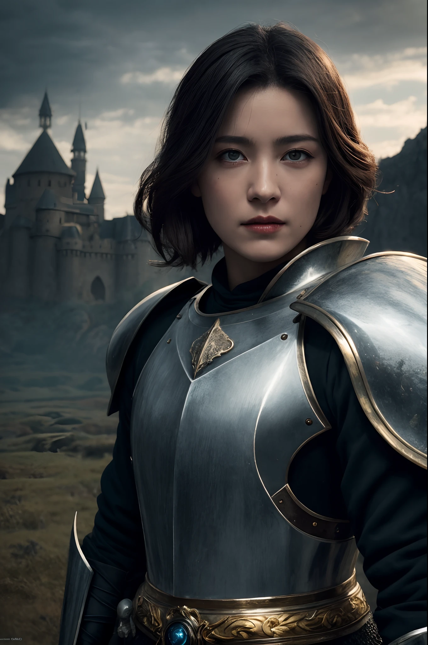 realisticlying，top-quality，tmasterpiece，cinematic compositions，slow motion，（Medium shot of medieval knights，Gloomy and weathered face，sbeard，whaite hair：1.2），Gold chain mail and plate armor，（Realistic and detailed|Complex armor：1.1），（Visible face：1.3），（Realistic physiognomy|The eye|irises|The skin|Muscle tissue，Detailed skins，skin textures，Natural skin），（Holding a sword in hand：1. 2）， Frontal perspective，Imposing and firm posture，Look forward firmly，skin blemish，Natural skin wrinkles，Natural skin spots，Highly detailed clothes，rich details​，intricately details，Realistic wrinkles in clothes，Medieval fantasy landscape，mostly cloudy sky，Castle in the background in the distance，Radiant illumination，deep shading，dramatic scene，Dark and cool tones，Blue and gray tones， There are no other characters in the scene，detail-rich|复杂，Detailed landscapes，Volumetriclighting，（Detailed lighting），（Detailed light reflection on armor：1.1），8k，highly details，UHD，HDR，Realistic Facial Expression|Hairstyles