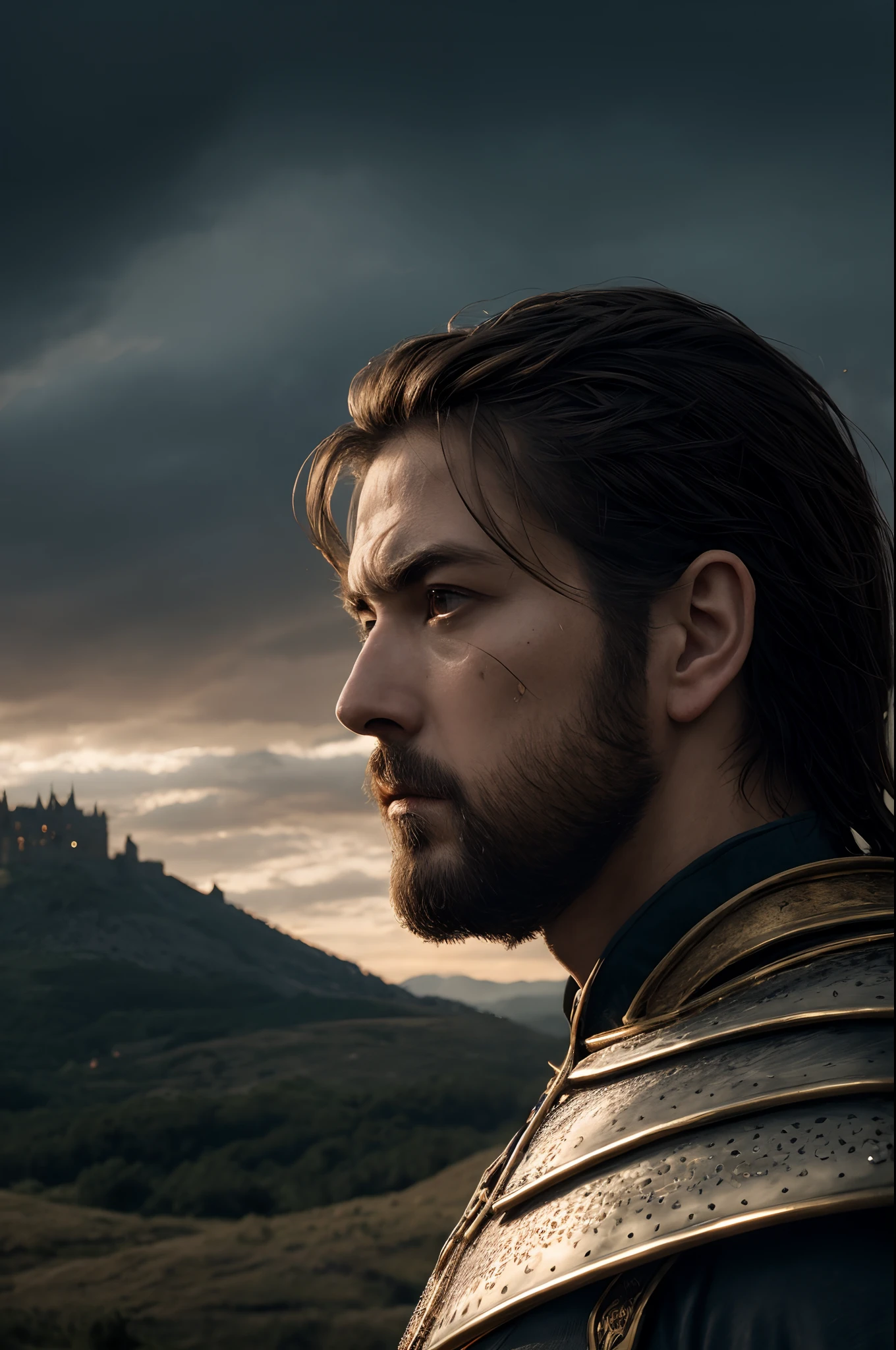 realisticlying,top-quality,tmasterpiece,cinematic compositions,slow motion,(Medium shot of medieval knights,Gloomy and weathered face,sbeard,whaite hair:1.2),Gold chain mail and plate armor,(Realistic and detailed|Complex armor:1.1),(Visible face:1.3),(Realistic physiognomy|The eye|irises|The skin|Muscle tissue,Detailed skins,skin textures,Natural skin),(Holding a sword in hand:1. 2), Frontal perspective,Imposing and firm posture,Look forward firmly,skin blemish,Natural skin wrinkles,Natural skin spots,Highly detailed clothes,rich details,intricately details,Realistic wrinkles in clothes,Medieval fantasy landscape,mostly cloudy sky,Castle in the background in the distance,Radiant illumination,deep shading,dramatic scene,Dark and cool tones,Blue and gray tones, There are no other characters in the scene,detail-rich|复杂,Detailed landscapes,Volumetriclighting,(Detailed lighting),(Detailed light reflection on armor:1.1),8k,highly details,UHD,HDR,Realistic Facial Expression|Hairstyles