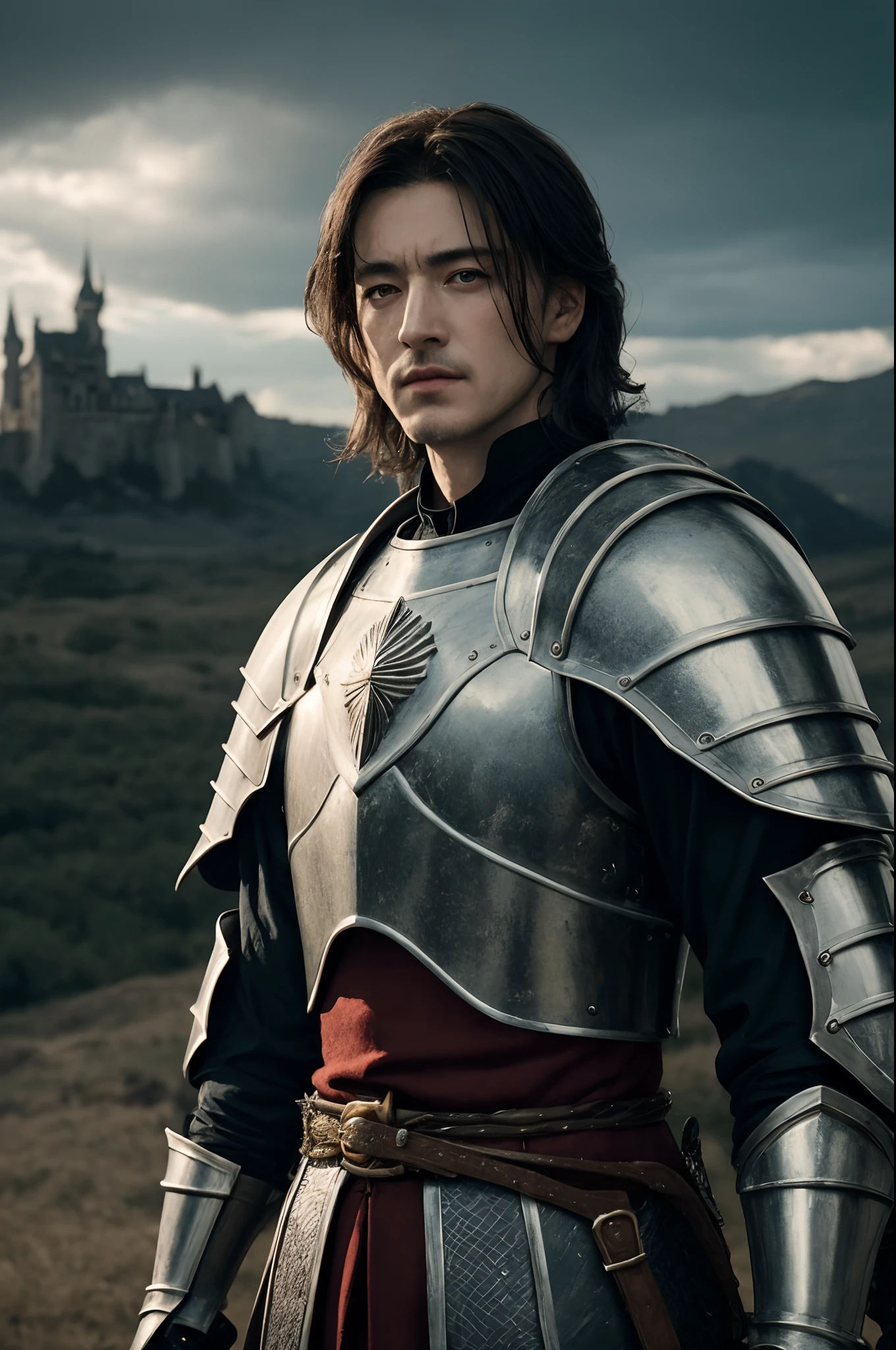 realisticlying,top-quality,tmasterpiece,slow motion,(Medium shot of medieval knights,melancholy face,sbeard,curlies:1.2),Chain mail and plate armor,(Realistic and detailed|Complex armor:1.1),(Visible face:1.3),(Realistic physiognomy|The eye|irises|The skin|Muscle tissue,Detailed skins,skin textures,Natural skin),(Holding a black rose in his hand:1. 2), Frontal perspective,Imposing and firm posture,Look forward firmly,The skin is soft and delicate,Natural skin texture,Natural skin,Highly detailed clothes,rich details,intricately details,Realistic wrinkles in clothes,Medieval battlefield landscape,mostly cloudy sky,Castle in the background in the distance,Radiant illumination,deep shading,dramatic scene,Dark and cool tones,Gold and gray tones, There are no other characters in the scene,detail-rich|复杂,Detailed landscapes,Volumetriclighting,(Detailed lighting),(Detailed light reflection on armor:1.1),8k,highly details,UHD,HDR,Realistic Facial Expression|Hairstyles,a drawing,A man looks at the camera,With a serious expression on his face,Countless roses and peony petals have a handsome man's face in the middle,Eyebrows are clear,There was a longing for love in his melancholy eyes,There are teardrops in the corners of the eyes,Delicate skin,With a beard,The ears are big,hair messy,The face has a faint blush,The lips were slightly open with blood,Holding a black rose in his hand,Expose the chest,Blood stains on fingernails,The atmosphere is mysterious,The face is clear,Full of detail,localized light,Aperture dispersion,真实感,Advertising hard photo style,High contrast between light and dark,Magazine cover design。