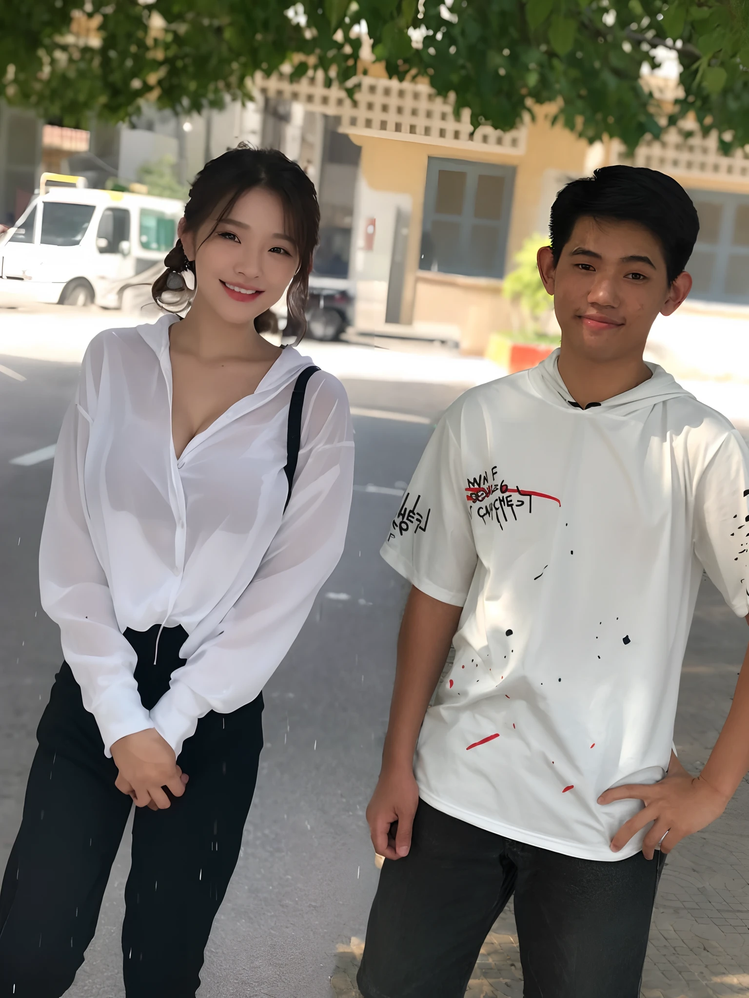 (Best Quality, 8K, Masterpiece:1.3)), Focus: 1.2, Perfect Body Beauty: 1.4, Buttocks: 1.2, ((Layered Haircut, Breasts: 1.2)), (Wet Clothes: 1.1), (Rain, Street:1.3), Bandeau Dress: 1.1, Highly Detailed Face and Skin Texture, Fine Eyes, Double Eyelids, Whitening Skin, Long Hair, (Shut Up: 1.3), Smile