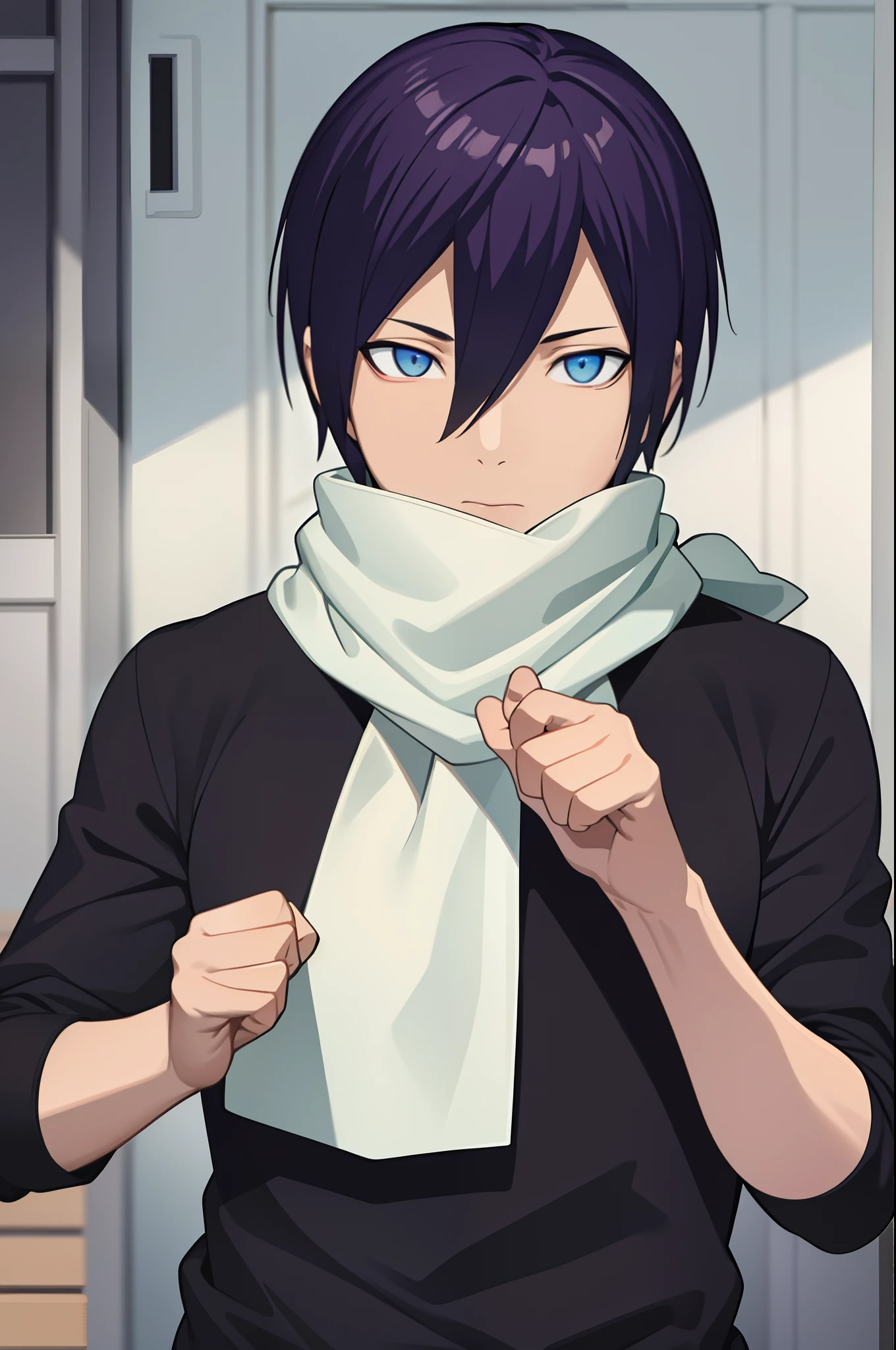 masterpiece, best quality, high quality, yato, 1boy, solo, male focus, upper body, looking at viewer, scarf