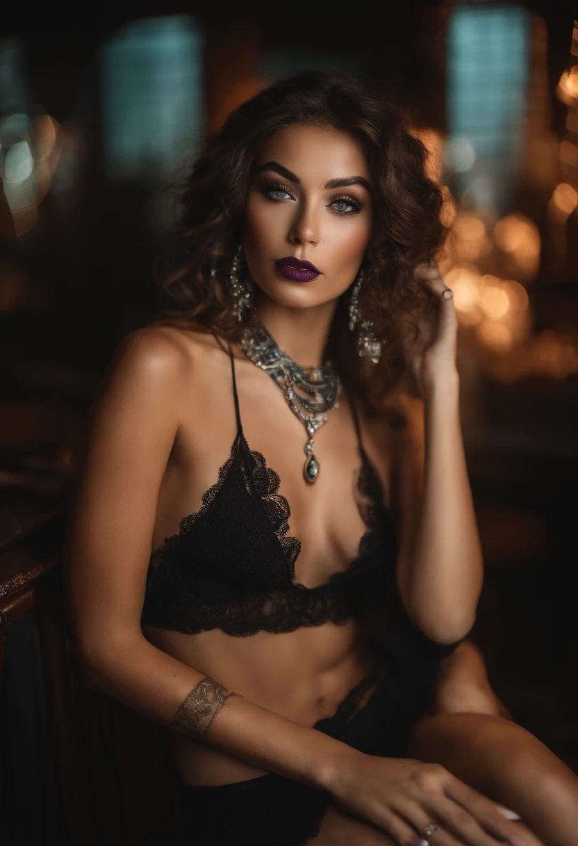 Arafed kinky woman in a bikini and with a necklace, sitting down in a night club, fille sexy aux yeux verts, Portrait Sophie Mudd, cheveux bruns et grands yeux, Yeux de chambre, Violet Myers, sans maquillage, maquillage naturel, looking straight at camera, Visage avec Artgram, Maquillage subtil, stunning full body, piercing gray eyes