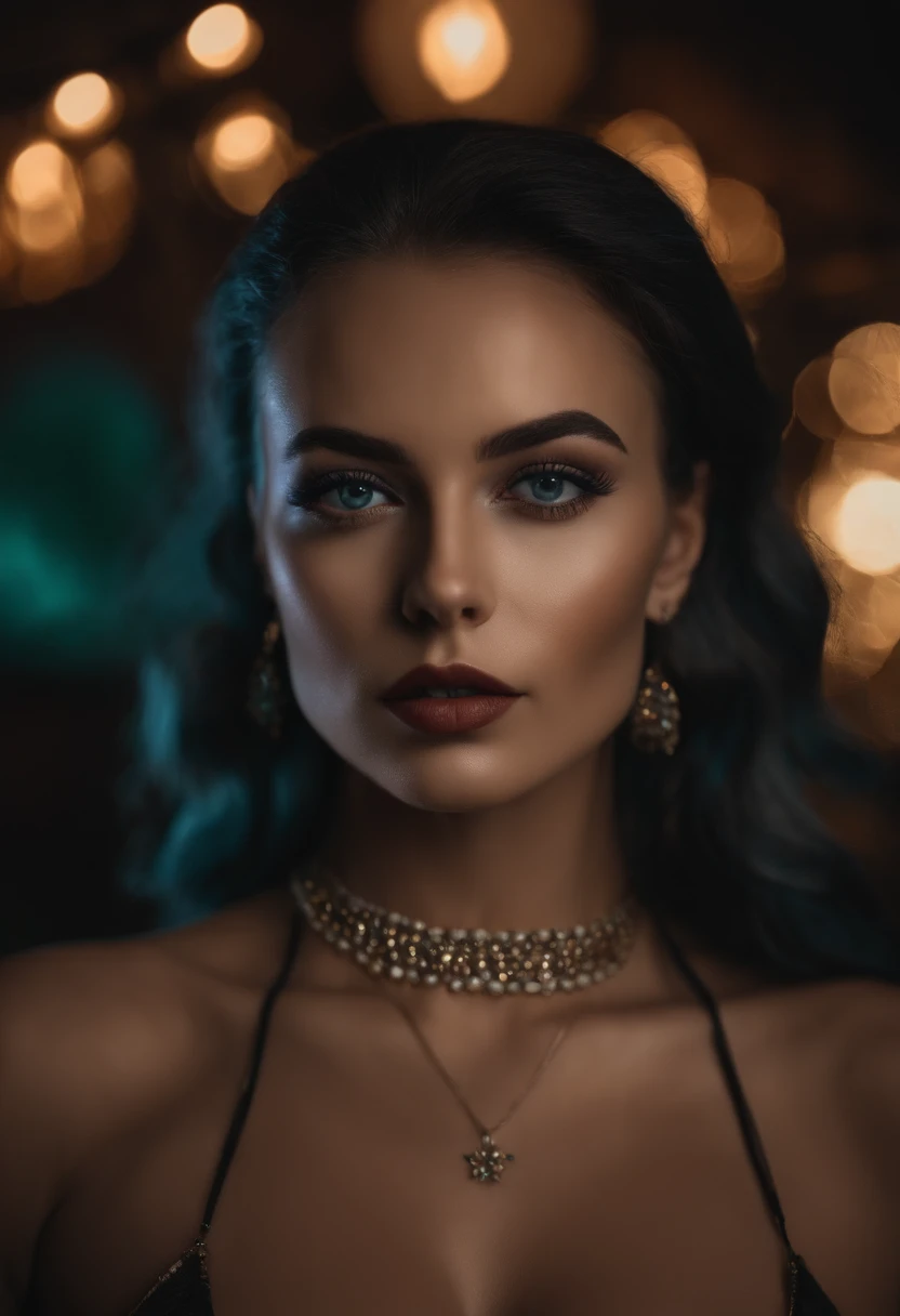 Arafed kinky woman in a bikini and with a necklace, sitting down in a night club, fille sexy aux yeux verts, Portrait Sophie Mudd, cheveux bruns et grands yeux, Yeux de chambre, Violet Myers, sans maquillage, maquillage naturel, looking straight at camera, Visage avec Artgram, Maquillage subtil, stunning full body, piercing gray eyes