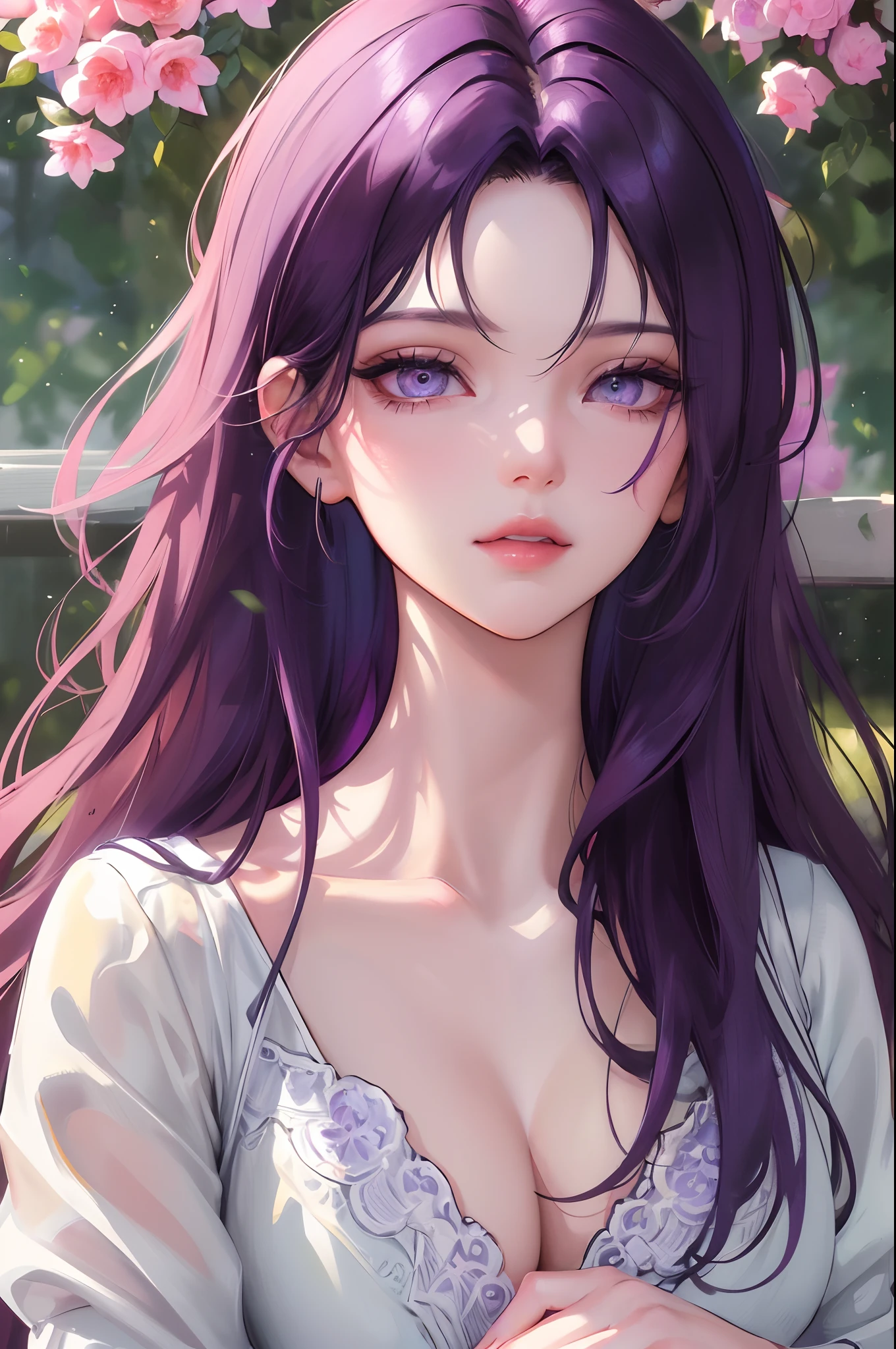 A girl in a garden, beautiful detailed eyes, beautiful detailed lips, extremely detailed eyes and face, dark purple hair, long eyelashes, insert, high-quality, 4K, HDR, studio lighting, ultra-fine painting, sharp focus, physically-based rendering, extreme detail description, professional, vivid colors, bokeh, portraits, Misato Katsuragi.