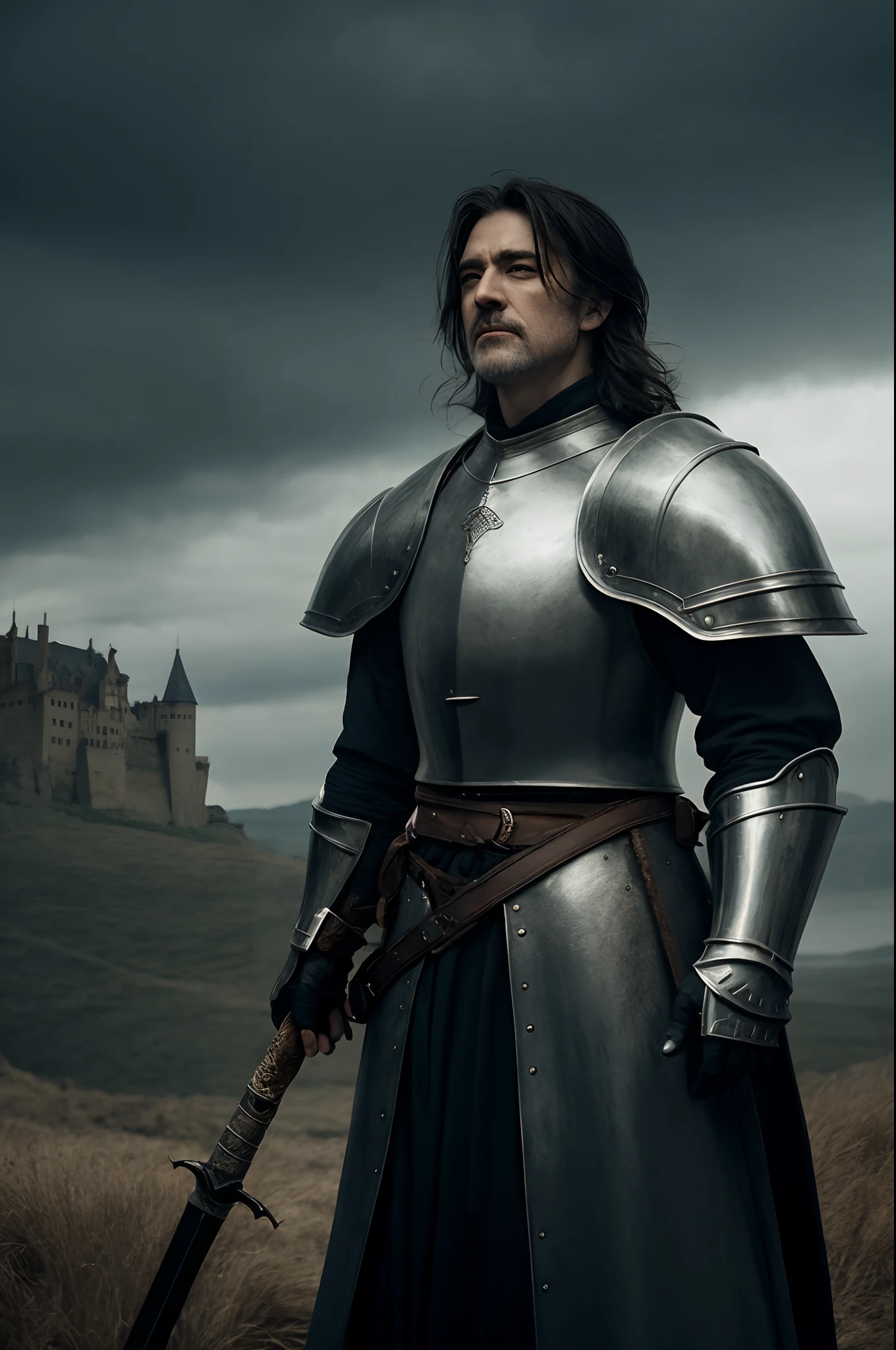 realisticlying,top-quality,tmasterpiece,cinematic compositions,slow motion,(Medium shot of medieval knights,Gloomy and weathered face,sbeard,whaite hair:1.2),Black chain mail and plate armor,(Realistic and detailed|Complex armor:1.1),(Visible face:1.3),(Realistic physiognomy|The eye|irises|The skin|Muscle tissue,Detailed skins,skin textures,Natural skin),(Holding a sword in hand:1. 2), Frontal perspective,Imposing and firm posture,Look forward firmly,skin blemish,Natural skin wrinkles,Natural skin spots,Highly detailed clothes,rich details,intricately details,Realistic wrinkles in clothes,Medieval fantasy landscape,mostly cloudy sky,Castle in the background in the distance,Radiant illumination,deep shading,dramatic scene,Dark and cool tones,Blue and gray tones, There are no other characters in the scene,detail-rich|复杂,Detailed landscapes,Volumetriclighting,(Detailed lighting),(Detailed light reflection on armor:1.1),8k,highly details,UHD,HDR,Realistic Facial Expression|Hairstyles