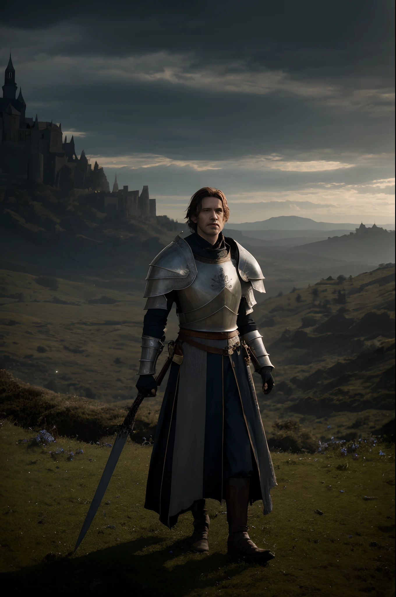 realisticlying,top-quality,tmasterpiece,cinematic compositions,slow motion,(Medium shot of medieval knights,Gloomy and weathered face,sbeard,whaite hair:1.2),Black chain mail and plate armor,(Realistic and detailed|Complex armor:1.1),(Visible face:1.3),(Realistic physiognomy|The eye|irises|The skin|Muscle tissue,Detailed skins,skin textures,Natural skin),(Holding a sword in hand:1. 2), Frontal perspective,Imposing and firm posture,Look forward firmly,skin blemish,Natural skin wrinkles,Natural skin spots,Highly detailed clothes,rich details,intricately details,Realistic wrinkles in clothes,Medieval fantasy landscape,mostly cloudy sky,Castle in the background in the distance,Radiant illumination,deep shading,dramatic scene,Dark and cool tones,Blue and gray tones, There are no other characters in the scene,detail-rich|复杂,Detailed landscapes,Volumetriclighting,(Detailed lighting),(Detailed light reflection on armor:1.1),8k,highly details,UHD,HDR,Realistic Facial Expression|Hairstyles