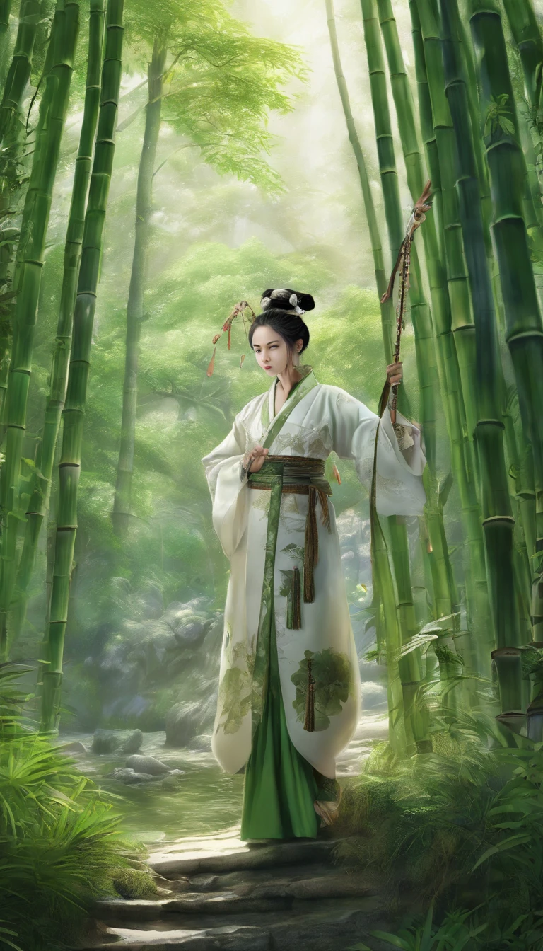China-style，Chinese ink style，water ink，Smudge，bamboos，Hanfu beauty standing in the bamboo forest，中景 the scene is，Full body like，Green gradient， highly detailed surreal vfx，China ink painting，oc rendered， - AR 16:9 --q 2 --s 1000