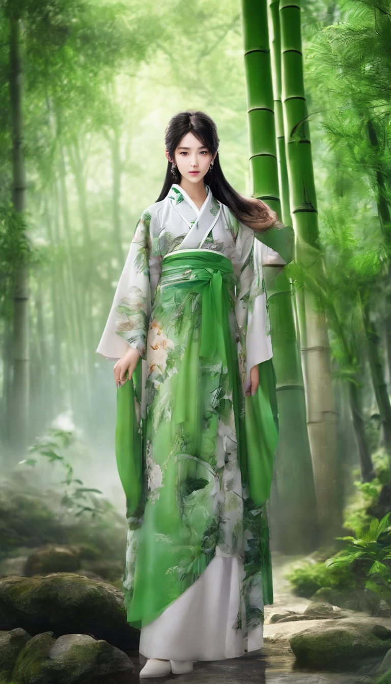 China-style，Chinese ink style，water ink，Smudge，bamboos，Hanfu beauty standing in the bamboo forest，中景 the scene is，Full body like，Green gradient， highly detailed surreal vfx，China ink painting，oc rendered， - AR 16:9 --q 2 --s 1000