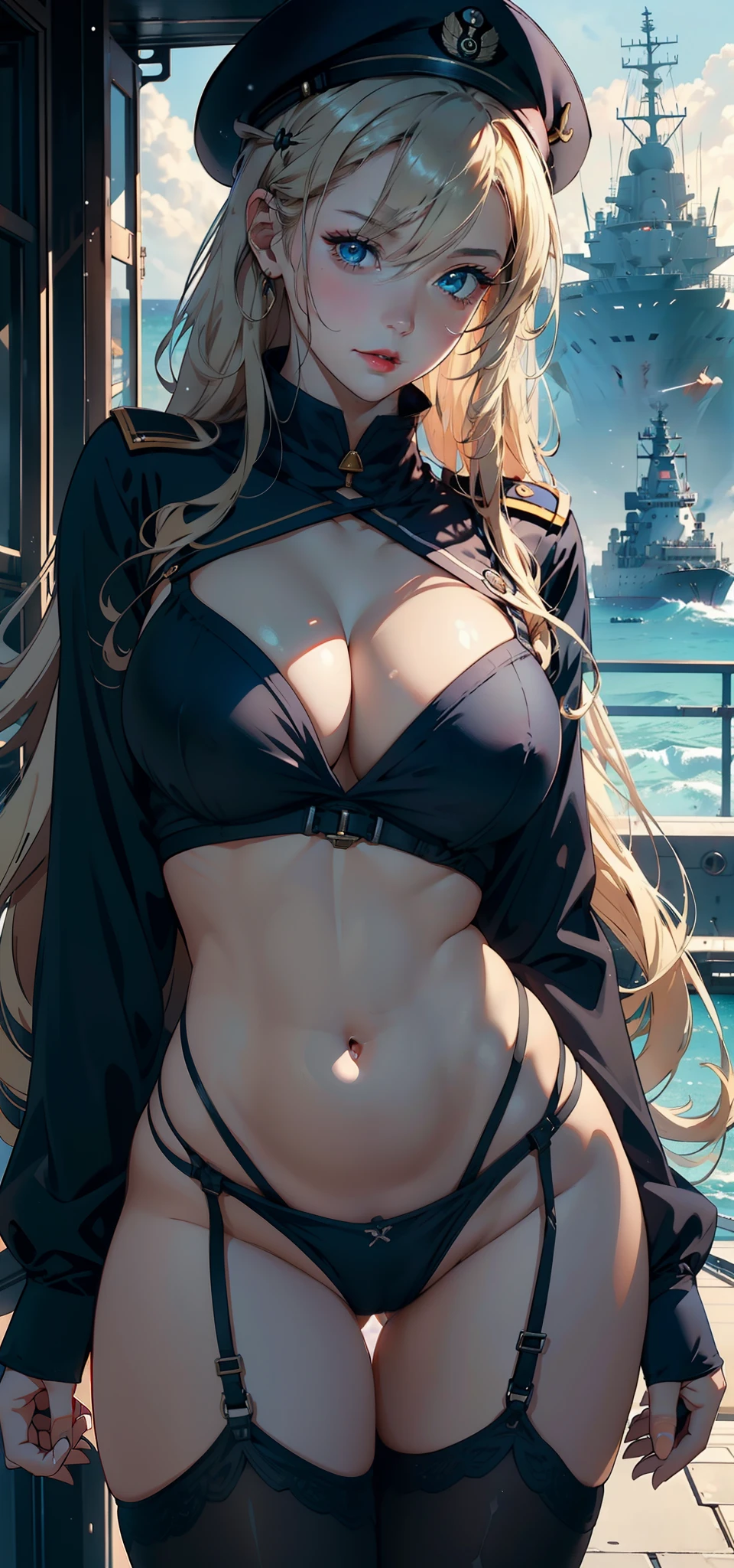 1female，35yo，plumw，extremely large bosom， 独奏，（Background with：Huge machinery，warships，the sea，battleships，Huge robots，nevando） She has long blonde hair，Long flowing hair，Standing at the bow of the ship，，seen from the front， hair straight， mostly cloudy sky，（（（tmasterpiece），（Very detailed CG unity 8K wallpaper），best qualtiy，cinmatic lighting，detailed back ground，beatiful detailed eyes，Bright pupils，Blue eyes，Snow-whiteskin，Redlip（Very fine and beautiful），（Beautiful and detailed eye description），ultra - detailed，tmasterpiece，））facing at camera，A high resolution，ultra - detailed），revealing breasts，Bare genitalia，  Bulge，legs are open，Raised sexy，Camel toes，Flushed complexion，Desire for dissatisfaction，frontage，Soviet Navy，beret，Snowflake decoration，（Wearing：sailor uniformm，black pantyhoses）