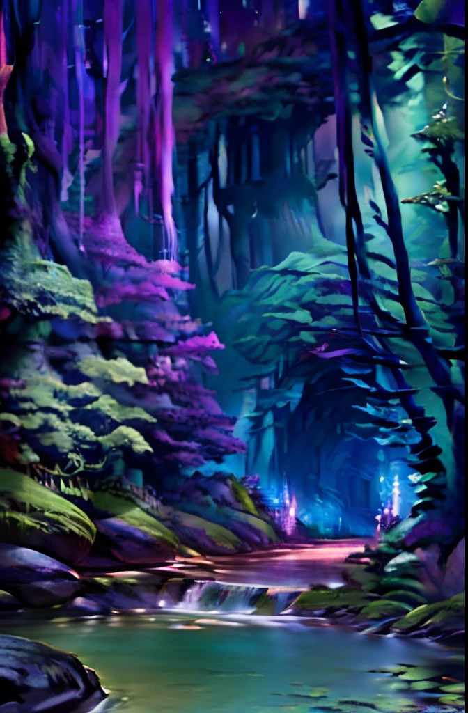 (a colorful deep forest inside montain), (vast and expansive view), (night view), (a lot of different specie of trees),(lush and vibrant greenery), (peaceful and tranquil atmosphere), (serene and otherworldly colors), (sense of depth and scale), (no human presence),(one footpath to the horizon), (harmonious and balanced composition)