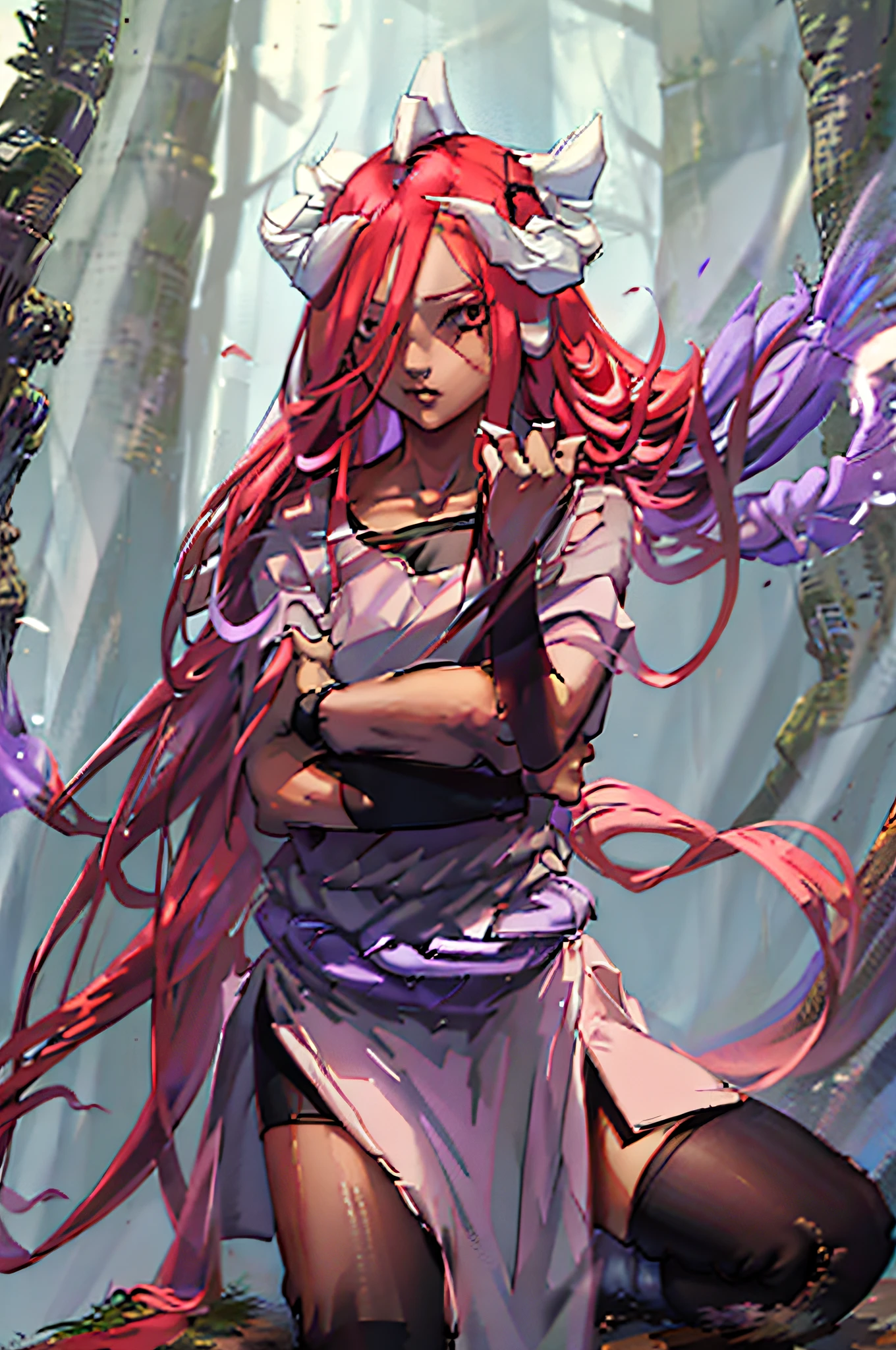 Tayuya has long, crimson hair tied in a ponytail and pale skin. She wears a purple, sleeveless kimono-like dress with fishnet stockings and black shorts. She also sports a pair of red, fingerless gloves.