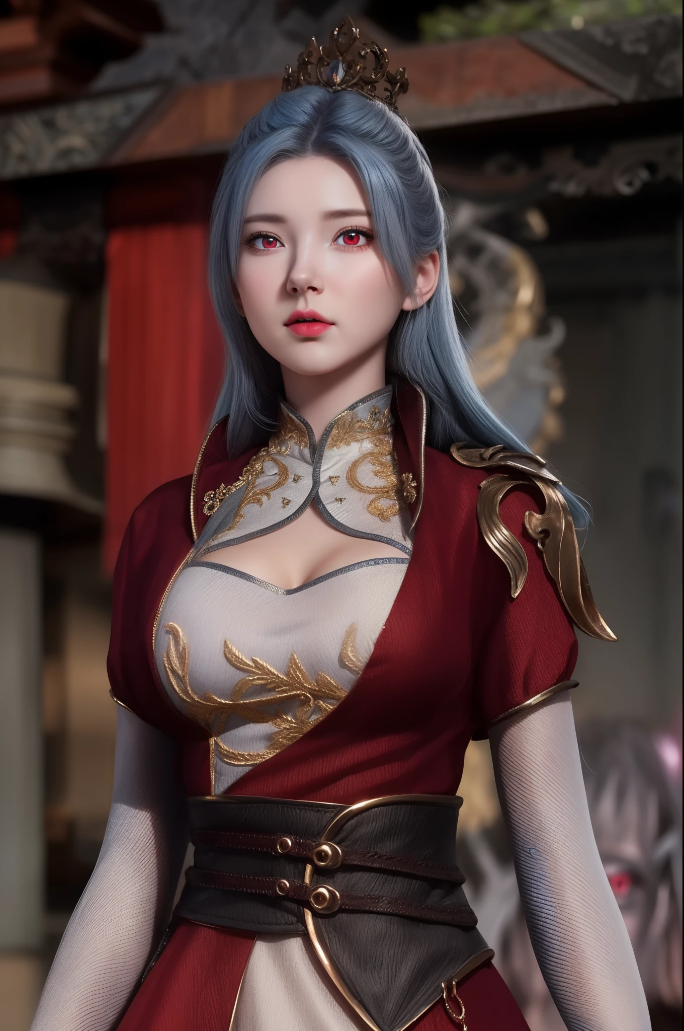 (hyperrealistic), (illustration), (high resolution), (8K), (extremely detailed), (best illustration), (beautiful detailed eyes), (best quality), (ultra-detailed), (masterpiece), (wallpaper), (photorealistic), (natural light), (rim lighting), (detailed face), (high detailed realistic skin texture), (anatomically correct), (solo), (1 girl), (high detailed realistic hair), (grey blue hair:1.3), (heterochromic eyes), (detailed eyes), (red eyes:1.37), (sparkling eyes), (realistic big breasts:1.5), (exposed nipples breasts:1.35), (long legs), (slender abs), (dynamic pose), (closed tiny mouth:1.3), nsfw, concentrated expression.