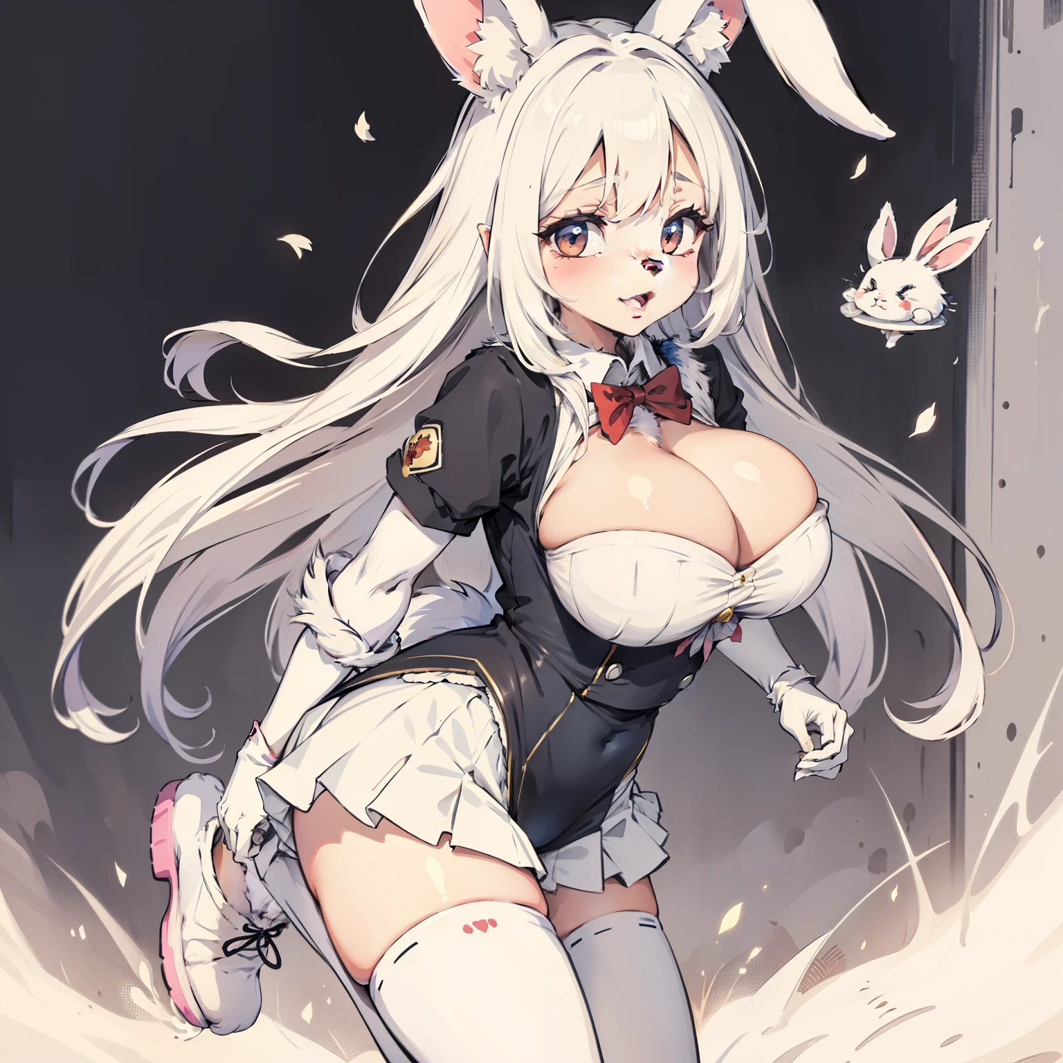 1girll, White fur,Bunny Girl, Huge breasts, rabbitears,school uniform, Portrait, Simple background, (Furry:1.5)