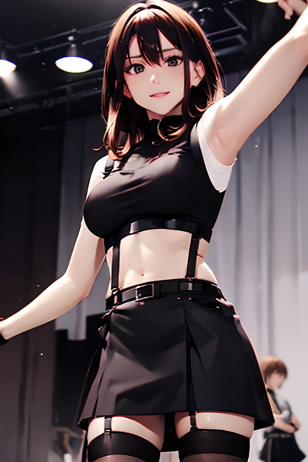Black skirt, 　suspenders, Brown hair Gray eyes, Garter belt on the legs, Tight black clothes, 　　 a belt　Armpit sweat　　Dark look　Moderately breasts　holster　 Forehead Center