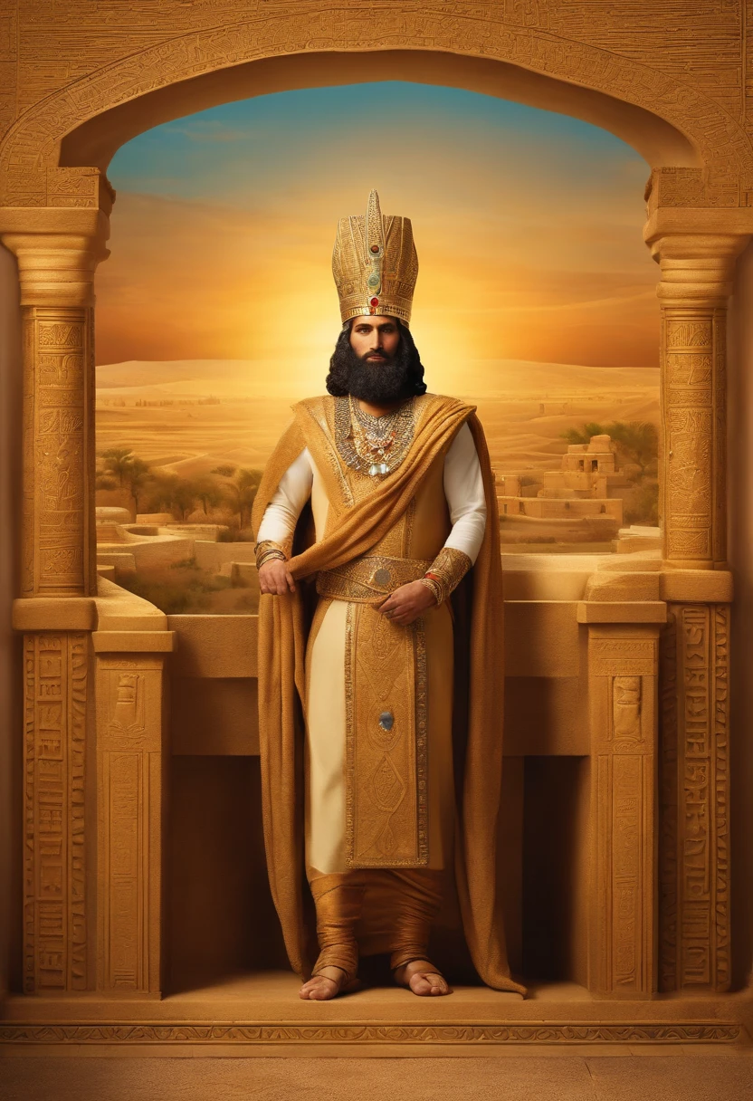 ((In the style of ancient Mesopotamian art)), a powerful Mesopotamian king stands atop a grand ziggurat, overlooking his vast kingdom. The king wears a magnificent headdress, adorned with jewels, feathers, and symbols of his authority. His royal robe drapes elegantly around him, displaying intricate patterns and vibrant colors. The king's confident and regal posture exudes authority and wisdom. The background showcases the lush landscapes of Mesopotamia, with rolling hills, fertile fields, and the winding Euphrates River flowing through the kingdom. The scene is bathed in warm golden sunlight, casting a magical glow over the entire composition.